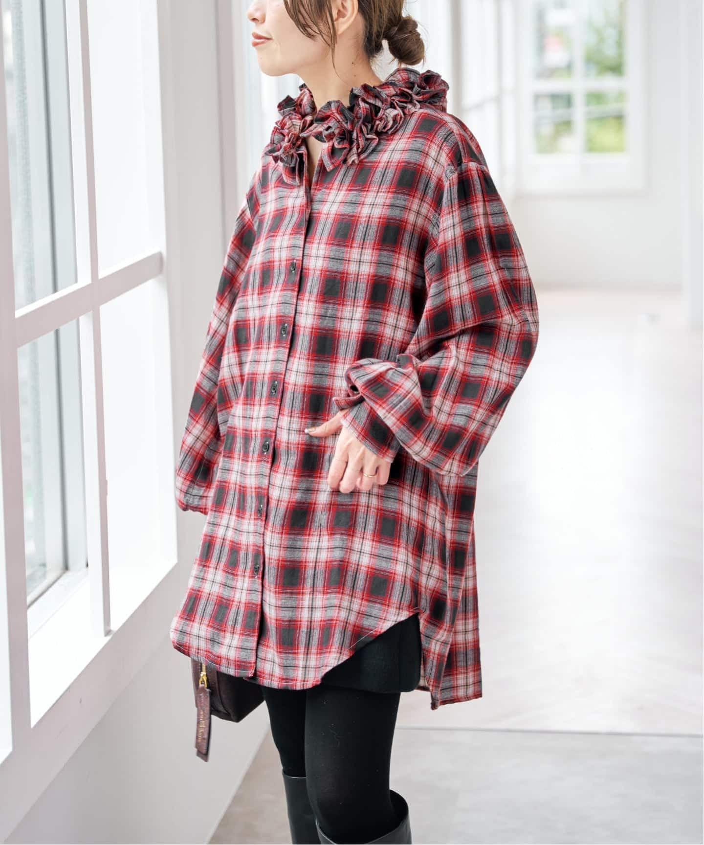別注 / 予約》crinkle check frill collar shirts*（シャツ／ブラウス