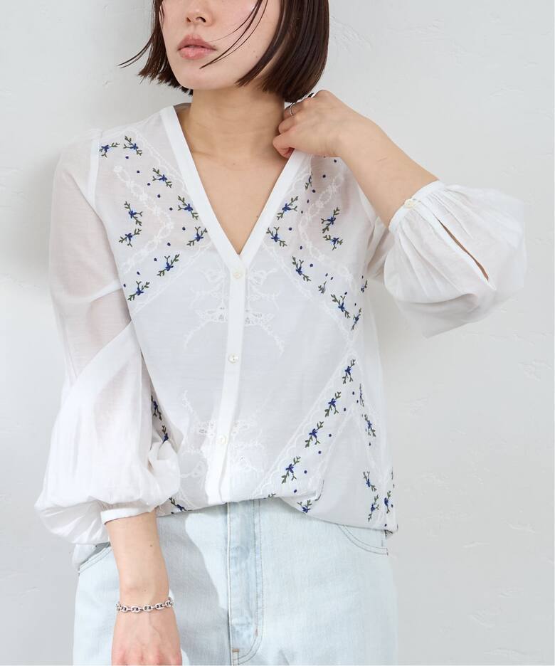 Spick&Span デボーションツインズ 刺繍入り 七分袖 ブラウス グリーン 
