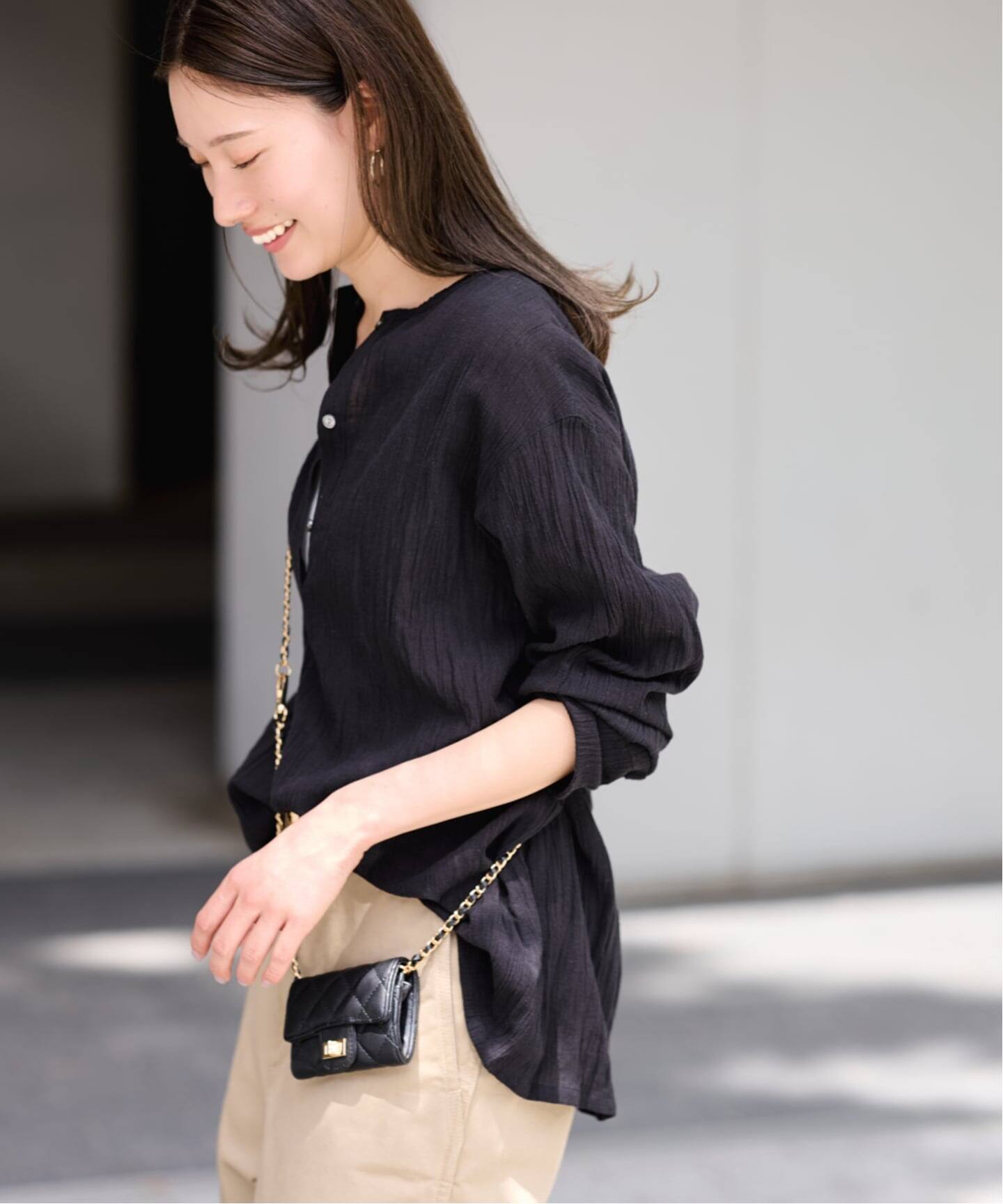 FRAMeWORK／LINEN  クレープヘンリーネックブラウス LINENmixクレープヘンリーネックブラウス（シャツ／ブラウス