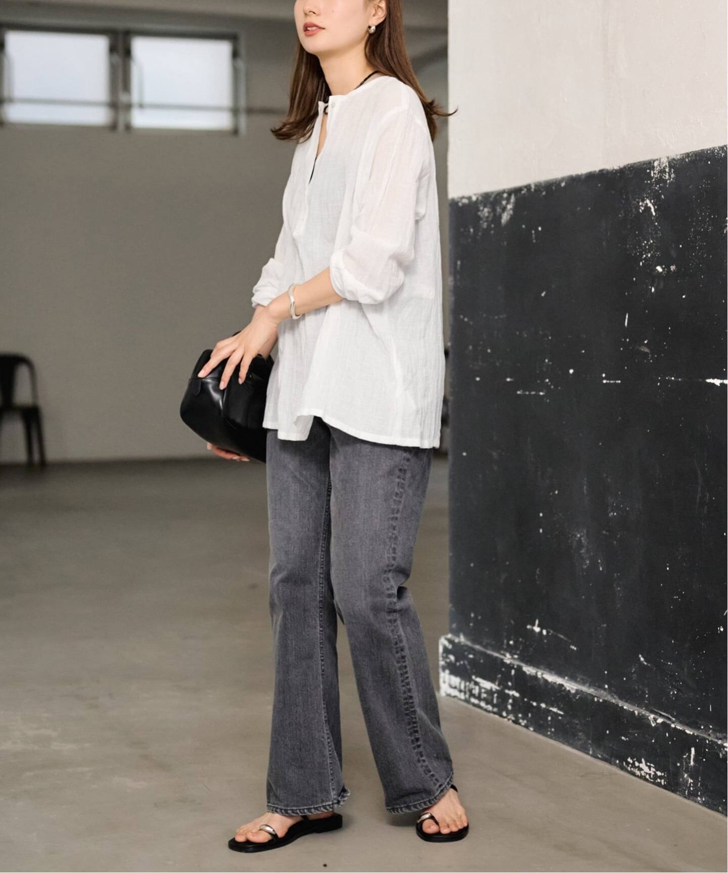 美品✨ FRAMeWORK クレープヘンリーネックブラウス コットン 24SS FRAMeWORK｜LINENmixクレープヘンリーネックブラウス | Rakuten