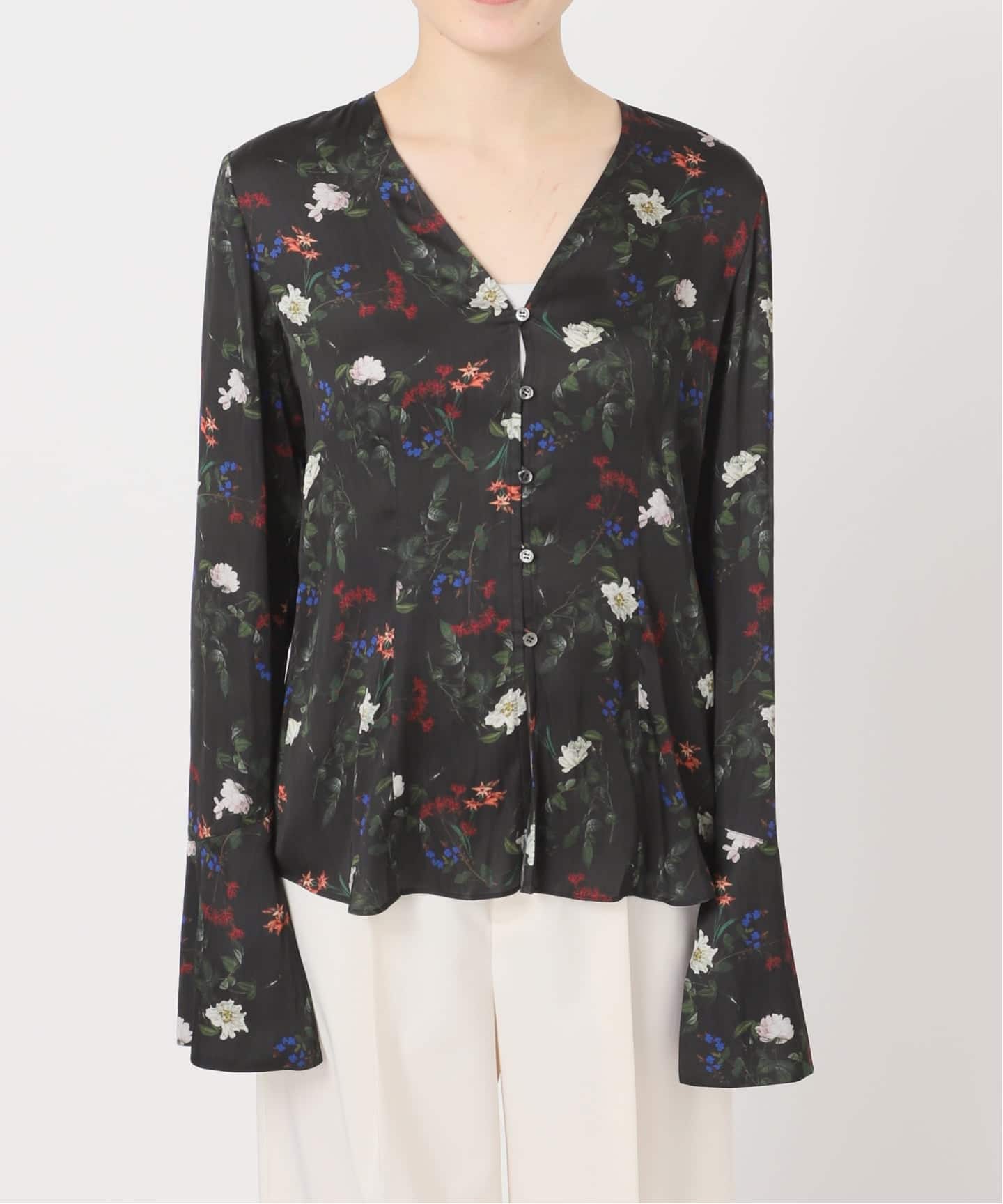 フラワープリントスリットスリーブブラウス（シャツ／ブラウス