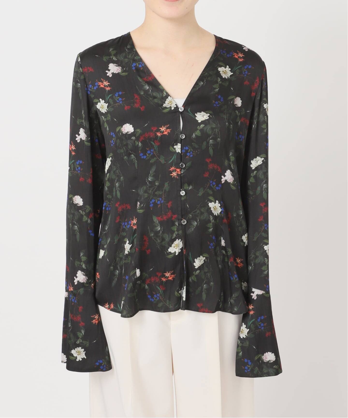 フラワープリントスリットスリーブブラウス（シャツ／ブラウス