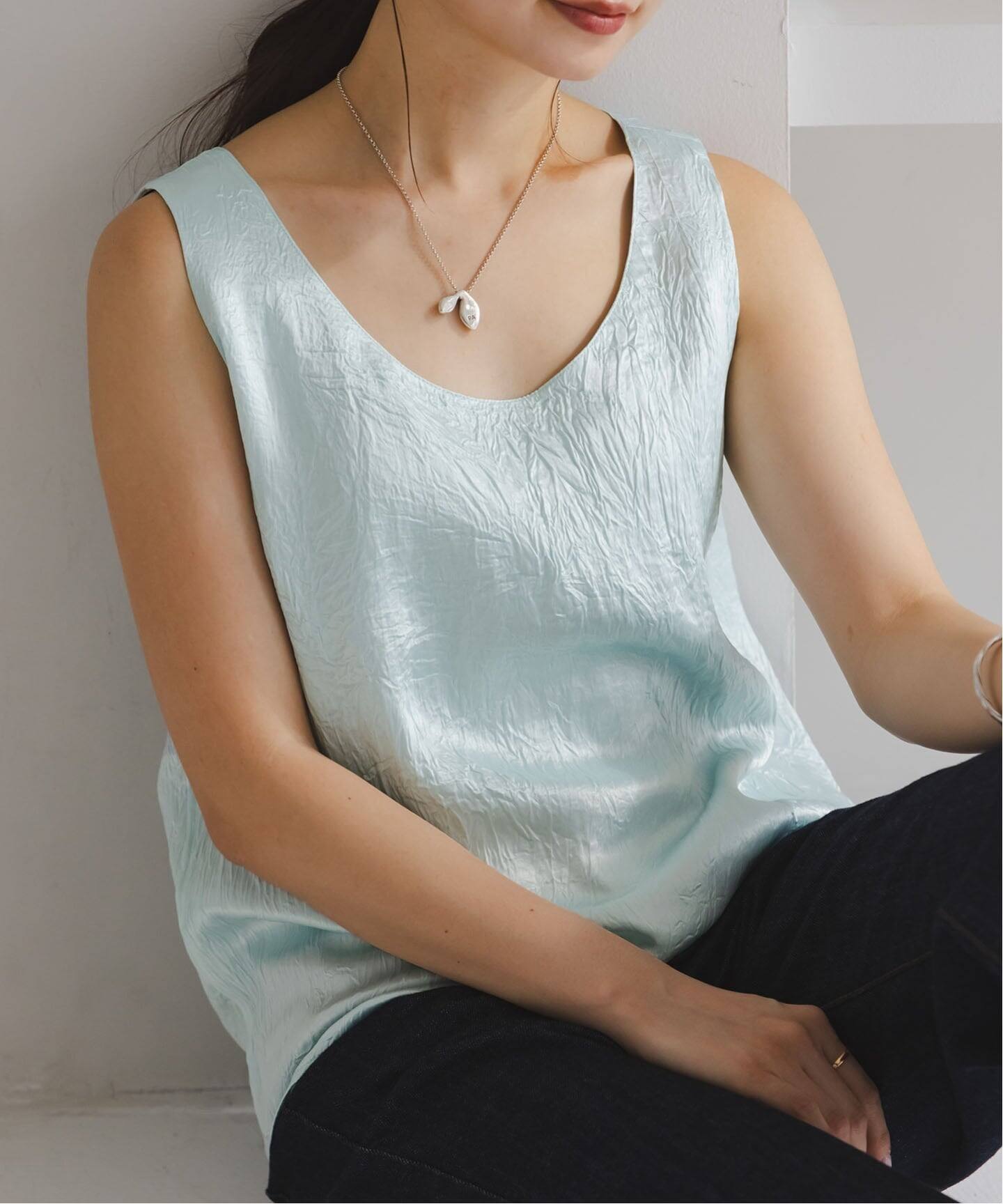 セットアップ対応》リンクルサテン2WAYタンク（シャツ／ブラウス