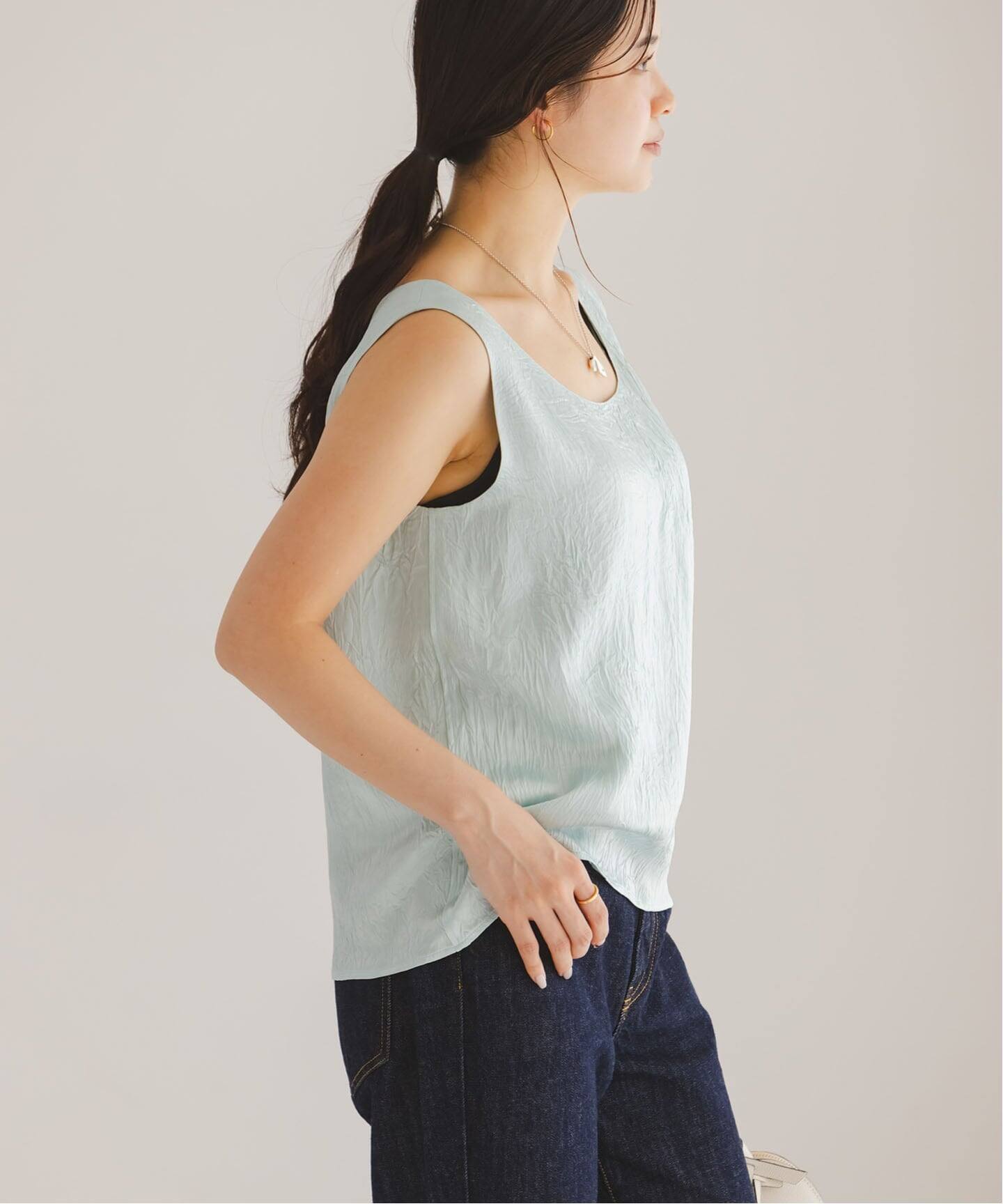 セットアップ対応》リンクルサテン2WAYタンク（シャツ／ブラウス