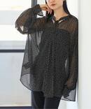【洗える】ドットシフォンギャザーボウタイブラウス