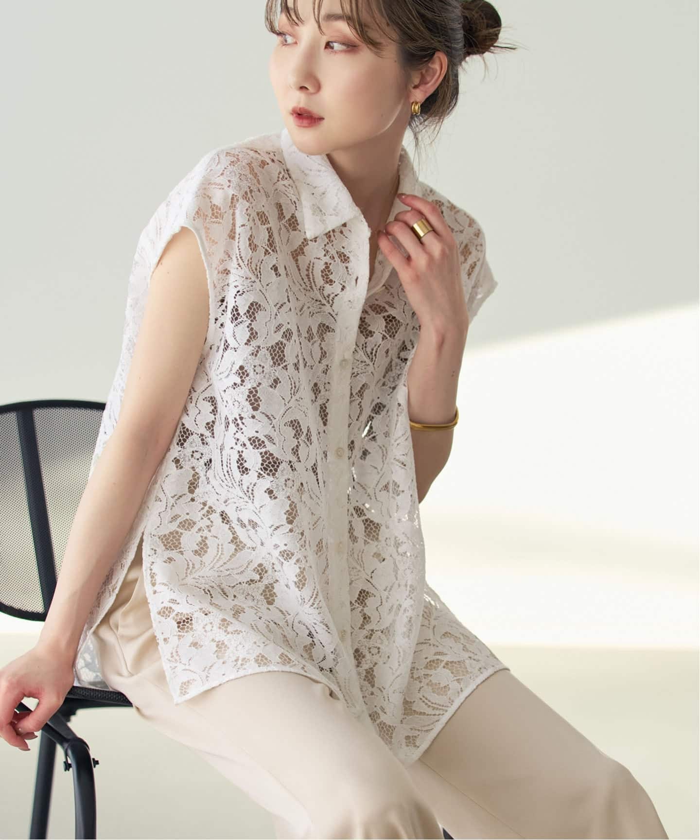 極美品＊NOBLE ボタニカルレースフレンチスリーブブラウス 洗える 25SS 追加》【洗える】ボタニカルレースフレンチスリーブブラウス（シャツ