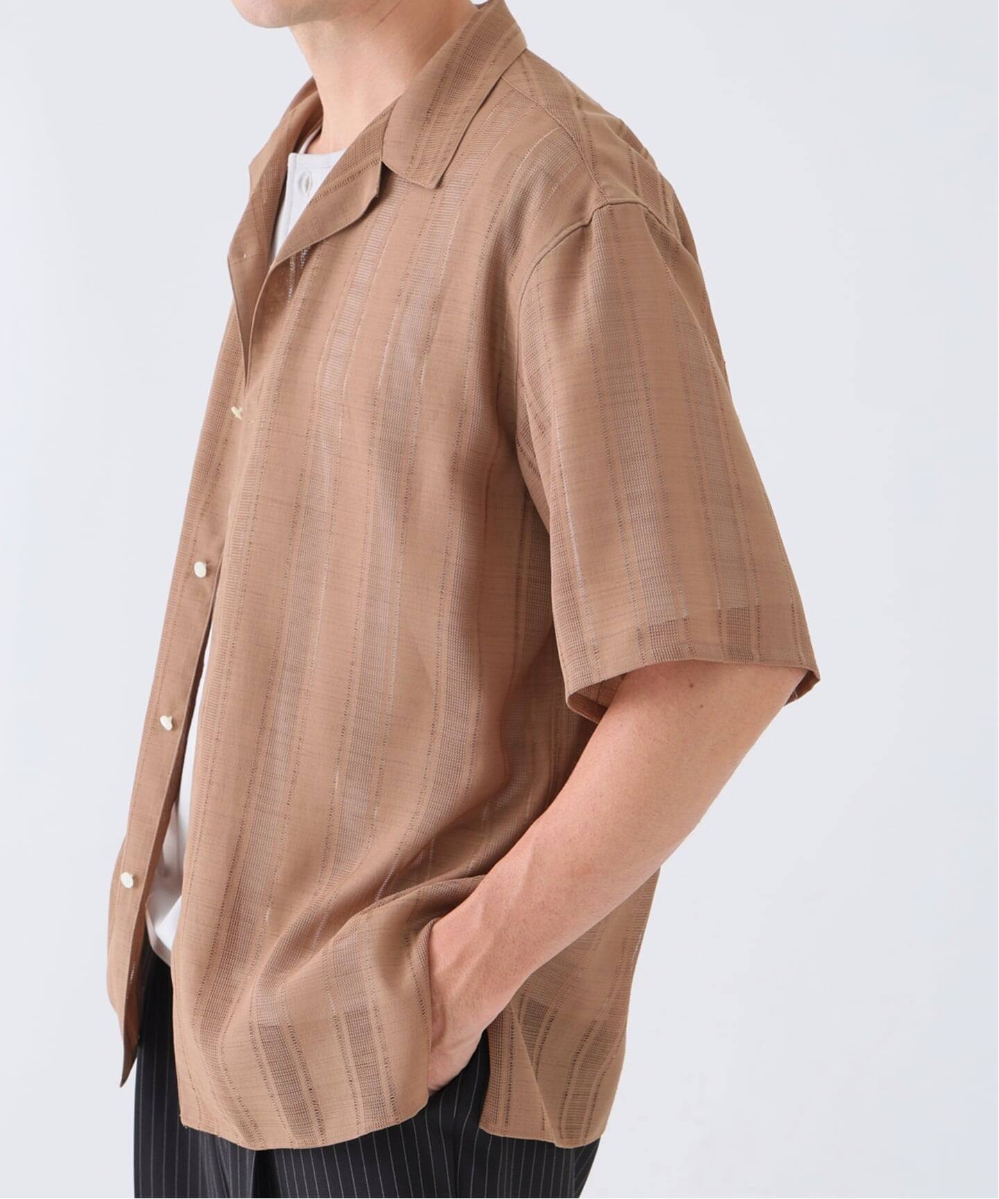 EDIFICE ストライプ 半袖シャツ Mサイズ ブラウン スラブ リノ クロス オープン シャツ（シャツ／ブラウス）｜EDIFICE