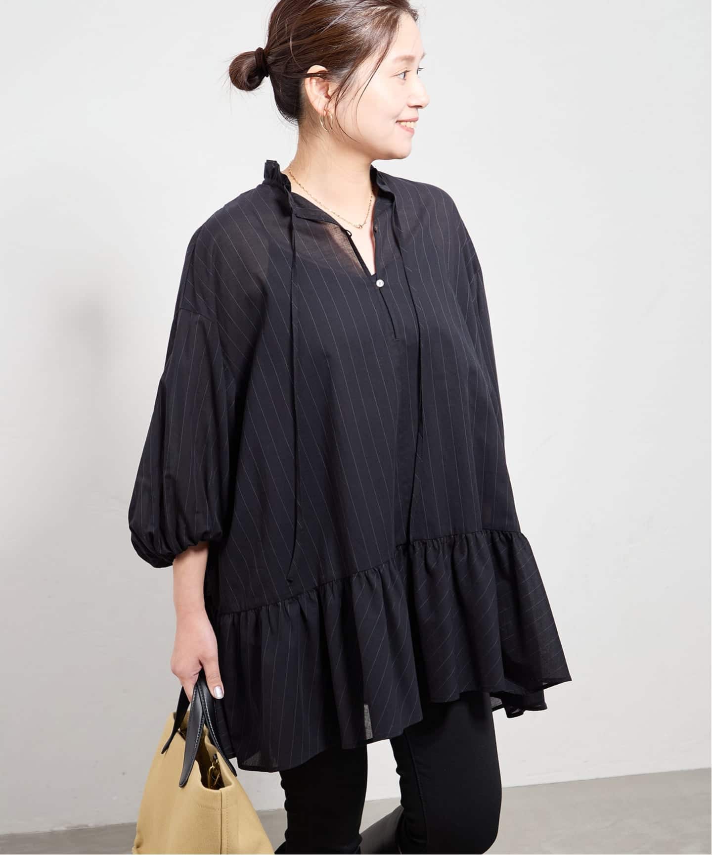 予約》ピンストライプボイルAラインチュニックブラウス（シャツ