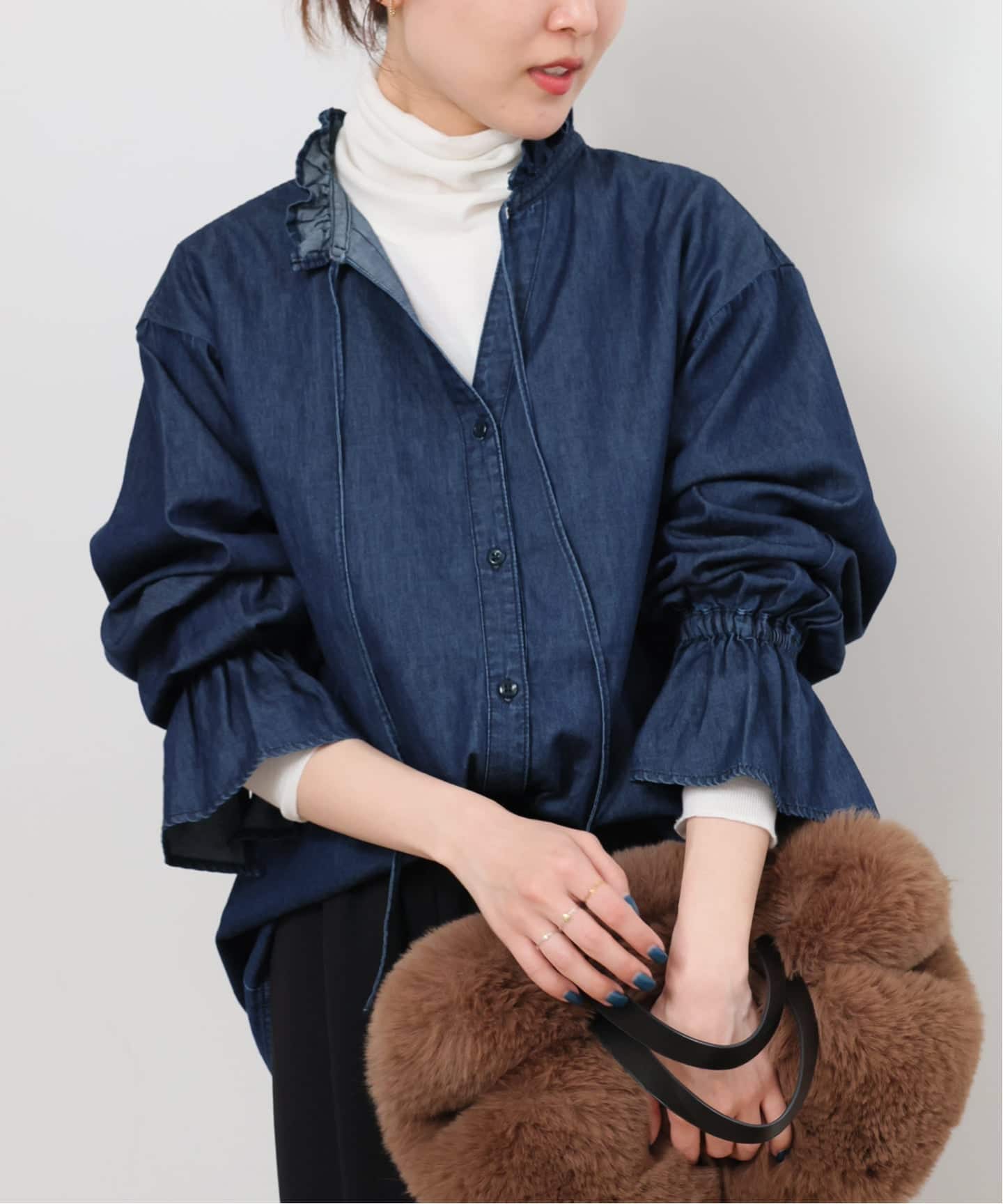 追加予約》ライトデニムスタンドカラーブラウス（シャツ／ブラウス