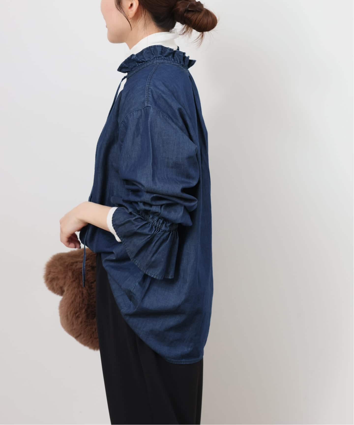 追加予約》ライトデニムスタンドカラーブラウス（シャツ／ブラウス