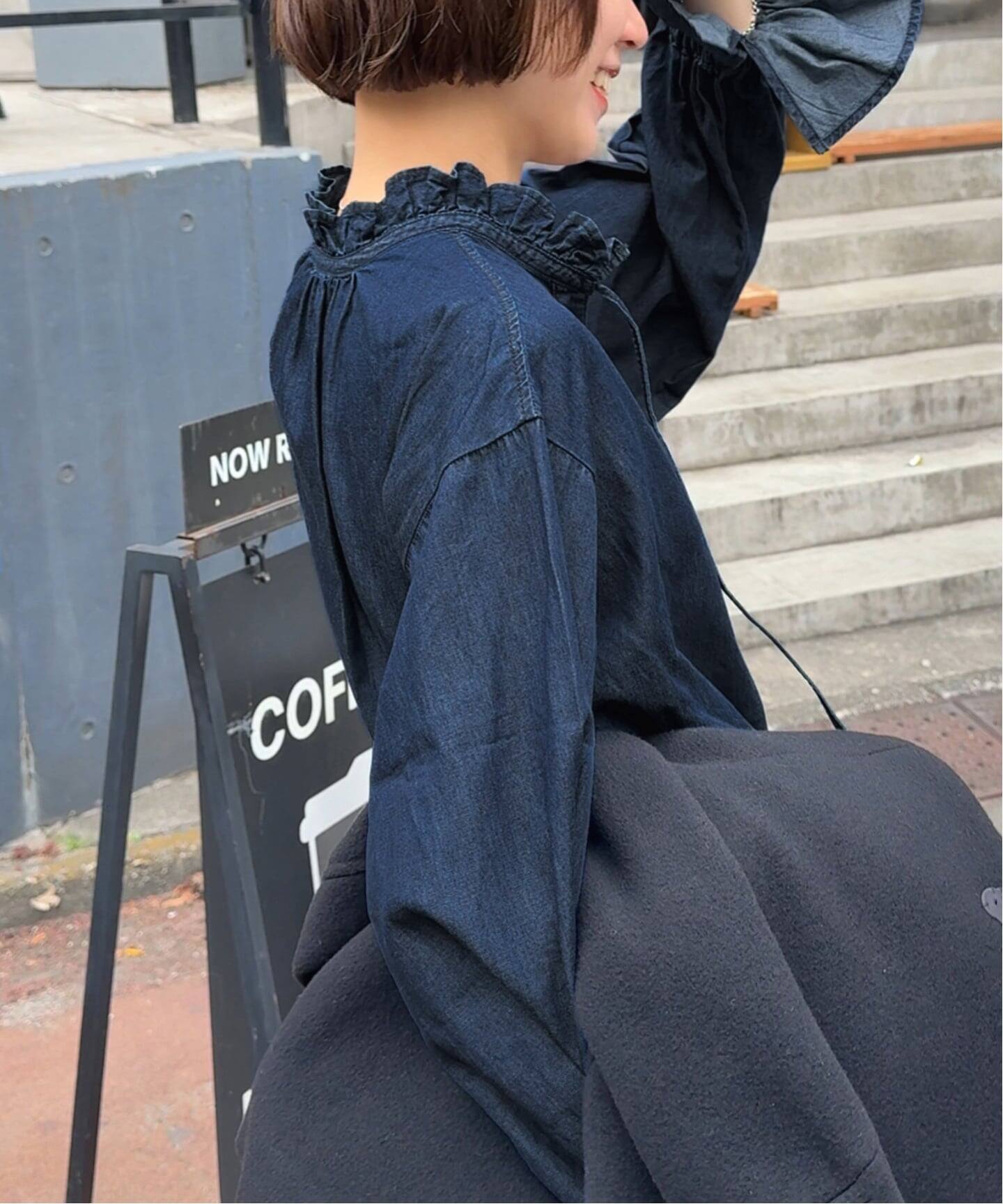 追加予約》ライトデニムスタンドカラーブラウス（シャツ／ブラウス