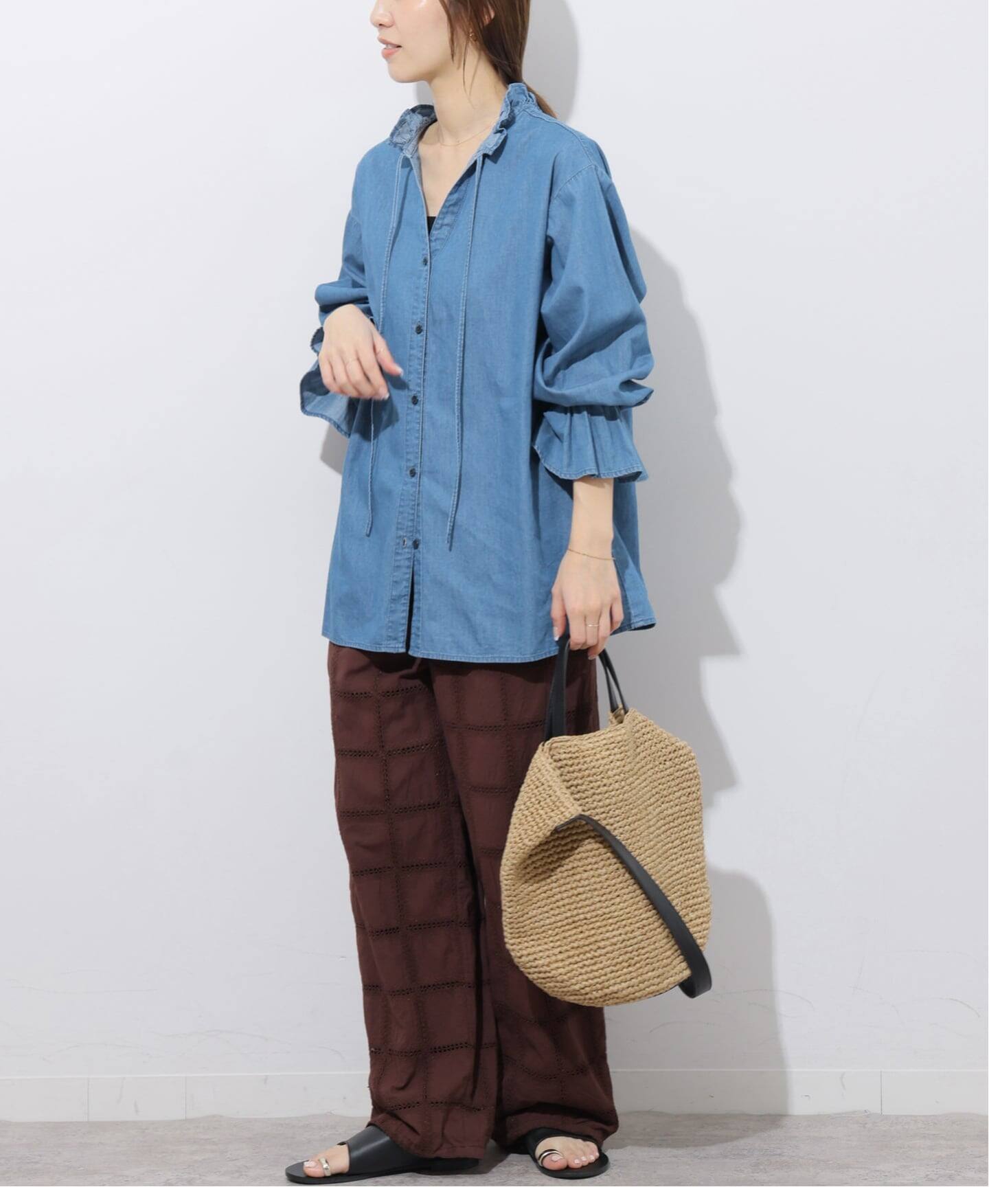 追加予約》ライトデニムスタンドカラーブラウス（シャツ／ブラウス