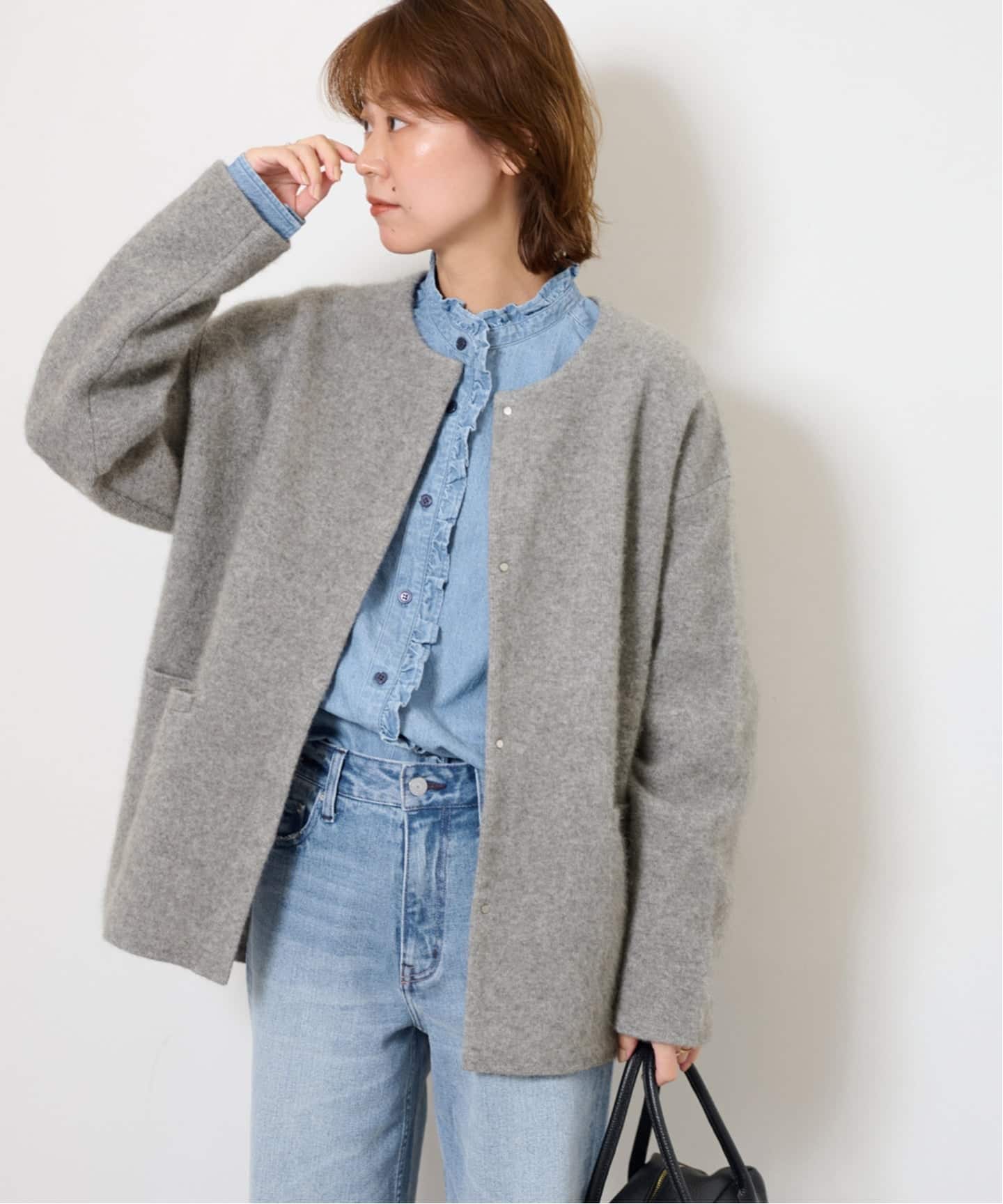 WEB限定追加予約4》スタンドネックデニムフリルブラウス（シャツ