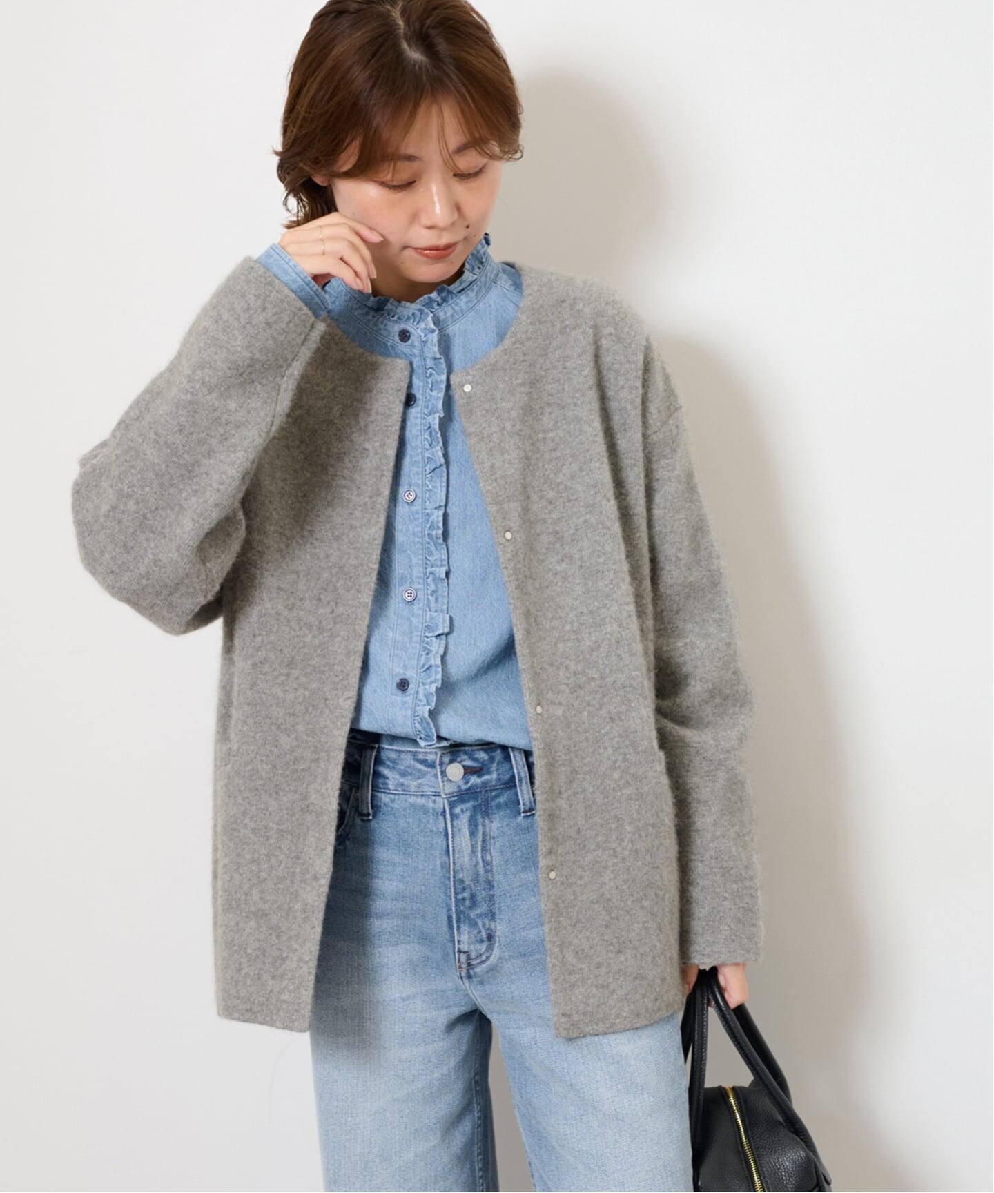 WEB限定追加4》スタンドネックデニムフリルブラウス（シャツ／ブラウス