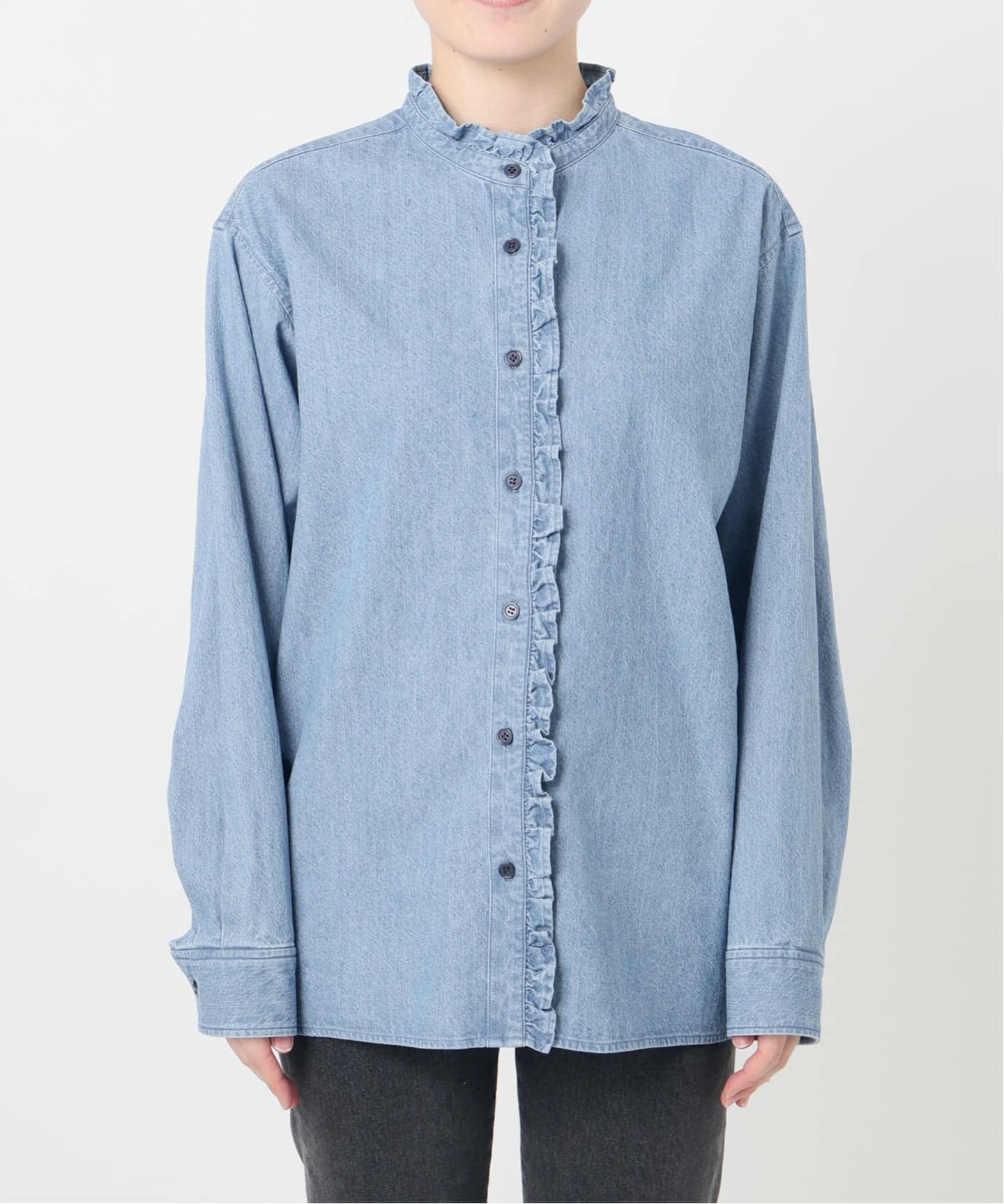 WEB限定追加予約4》スタンドネックデニムフリルブラウス（シャツ