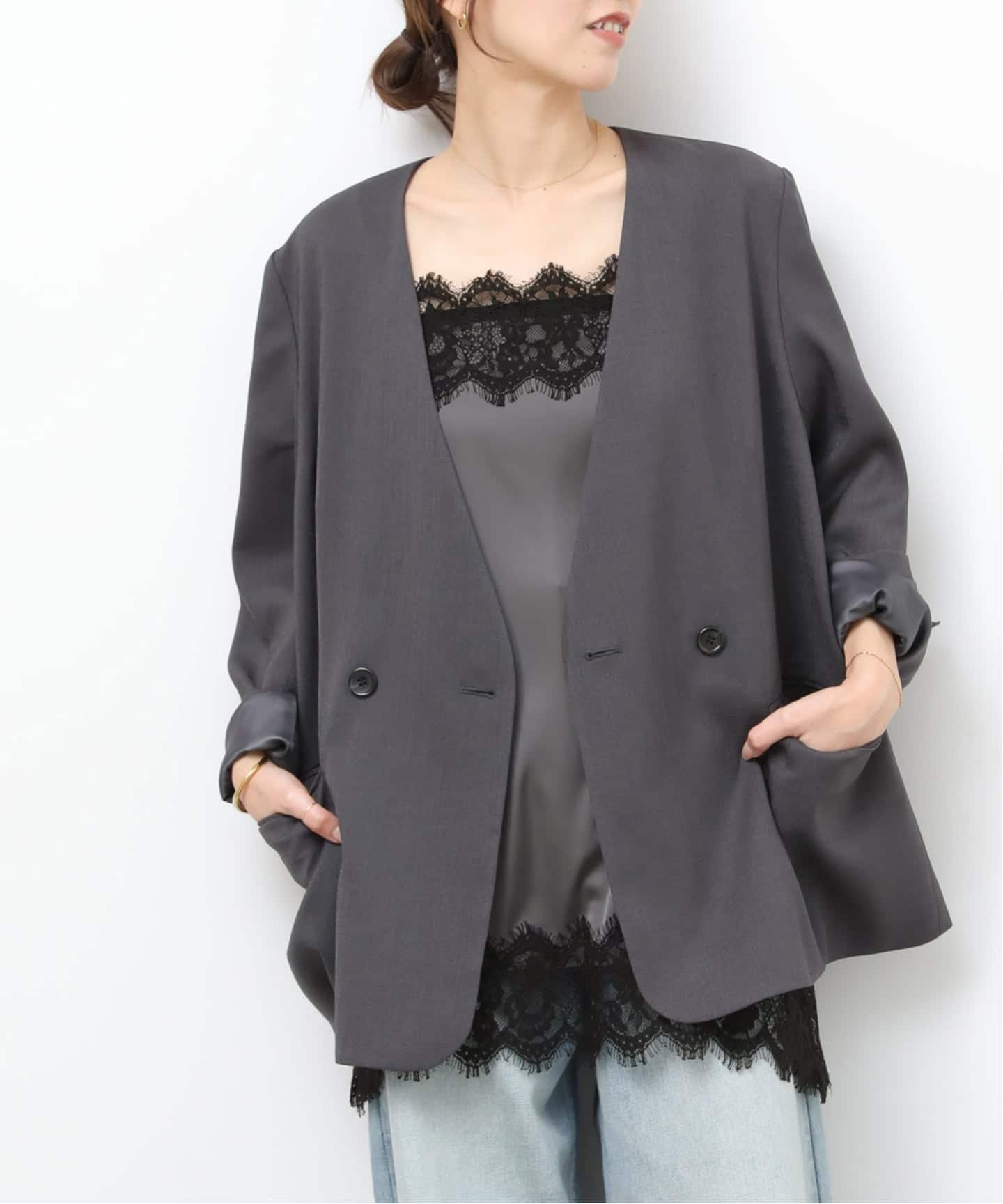 【2026SS】relume サテンレースキャミソール グレー×ブラック 追加》サテンレースキャミソール（キャミソール）｜JOURNAL STANDARD