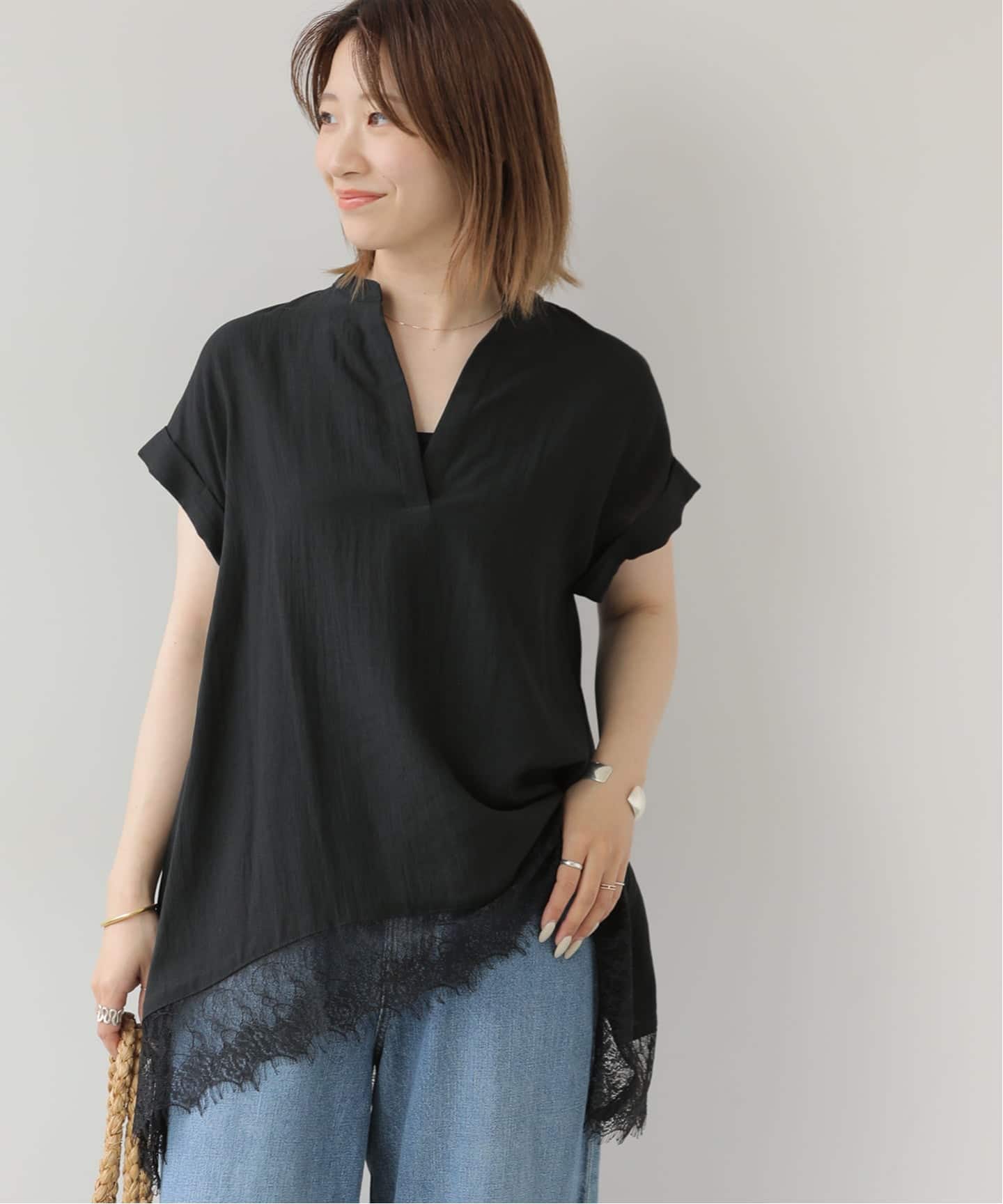 JOURNAL STANDARD バンドカラーレース シャツ ネイビー WEB限定》バンドカラーレース付きブラウス（シャツ／ブラウス