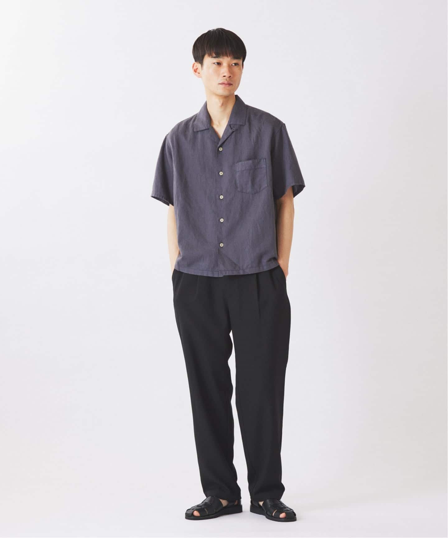 SS2025 Stone  ガーメントダイ半袖シャツS ブラック European Flax / ヨーロピアンフラックス ガーメントダイ リネン 半袖