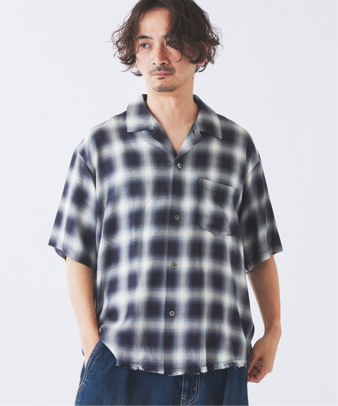 レーヨン アンカット フリンジ オンブレーチェック 半袖シャツ（シャツ