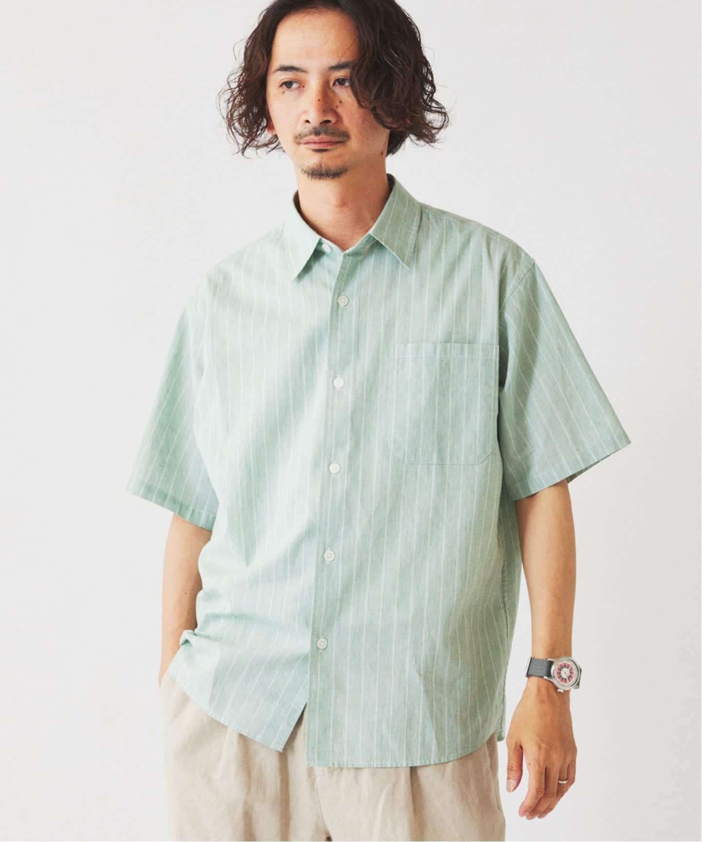 予約》JAMES FABRIC コットンリネン ストライプ 半袖シャツ（シャツ