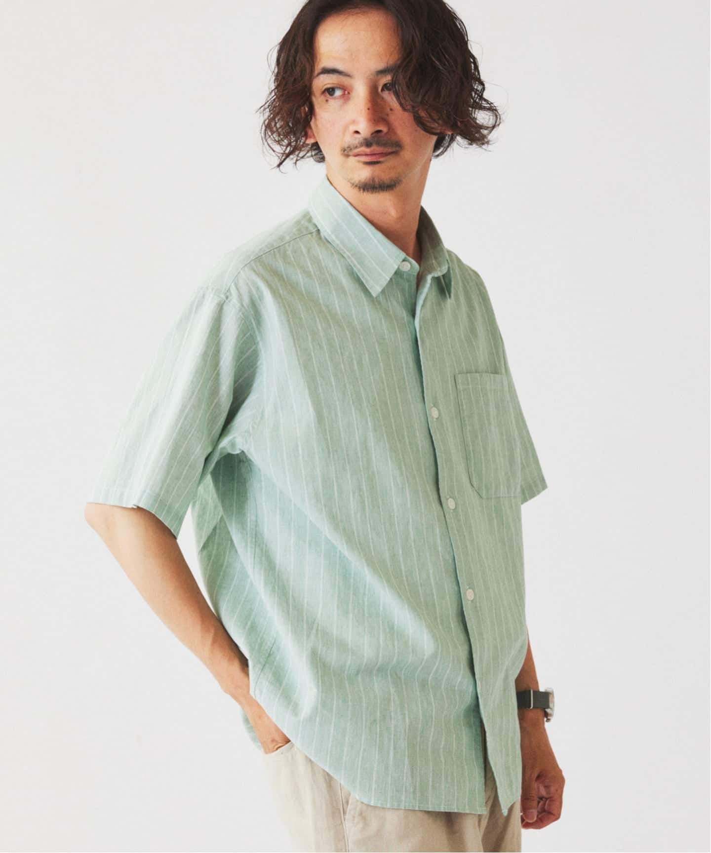 パラスパレス　コットンリネンストライプシャツジャケット　グリーン 予約》JAMES FABRIC コットンリネン ストライプ 半袖シャツ（シャツ