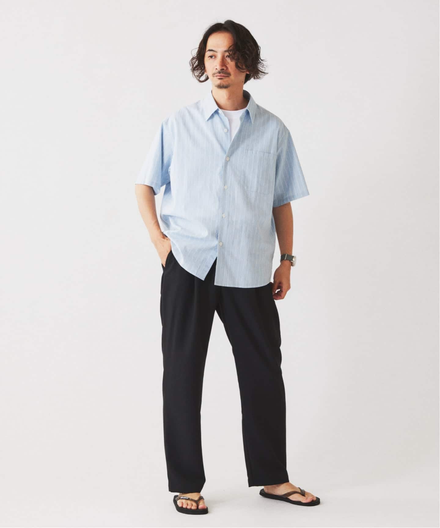 予約》JAMES FABRIC コットンリネン ストライプ 半袖シャツ（シャツ