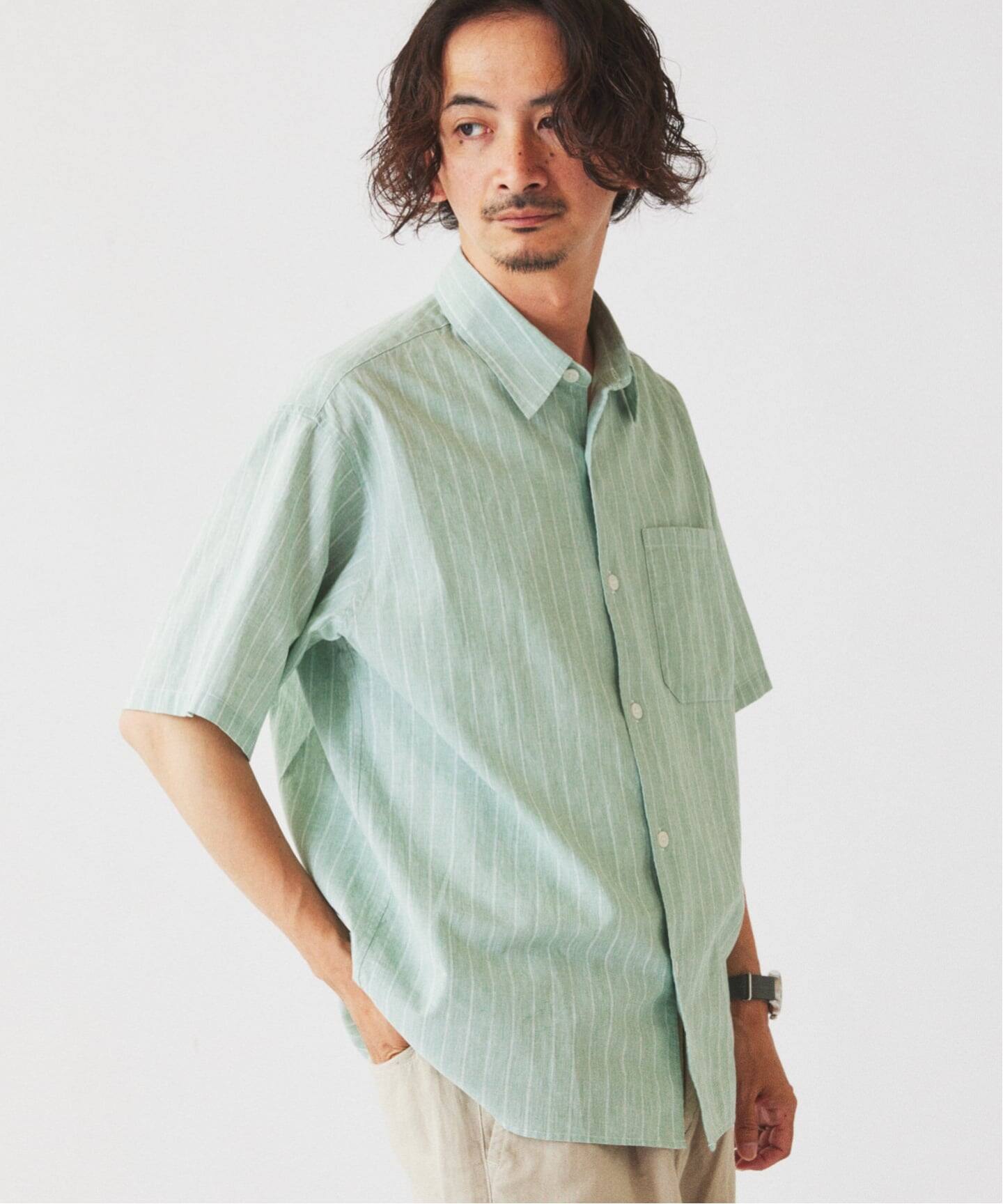 JAMES FABRIC コットンリネン ストライプ 半袖シャツ（シャツ 