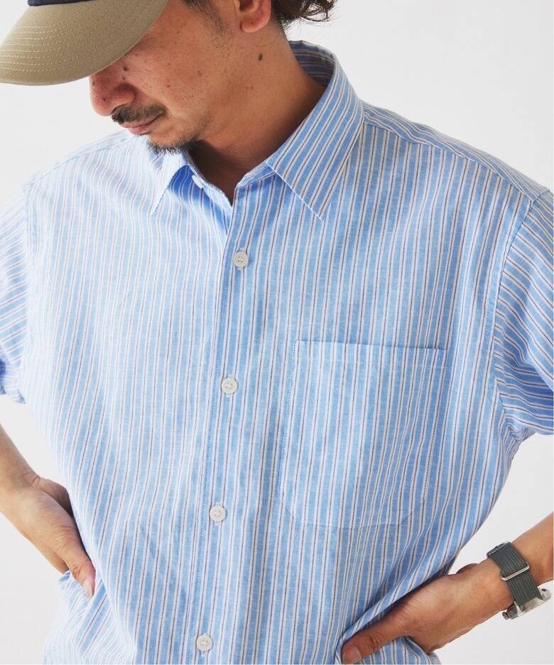 予約》JAMES FABRIC コットンリネン ストライプ 半袖シャツ（シャツ 