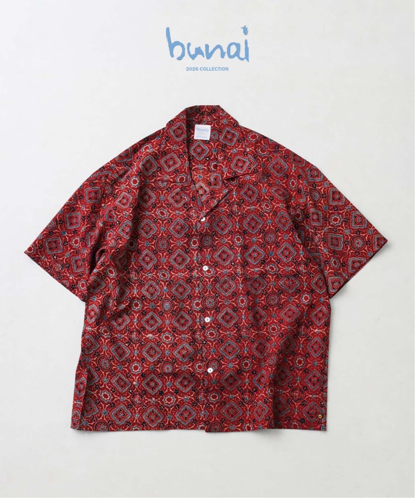 bunai ブナイ 別注 アジュラク プリント オープンカラー半袖シャツ bunai / ブナイ 別注 アジュラク プリント オープンカラー半袖シャツ