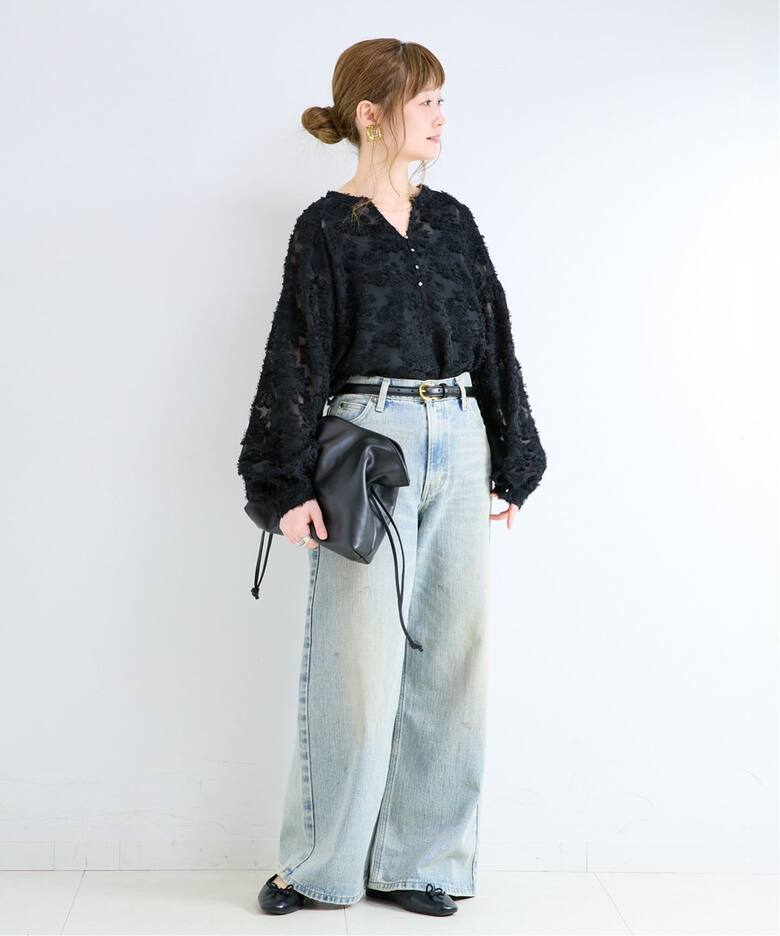 追加10予約》手洗い可 / パフスリーブジャガードブラウス（シャツ 