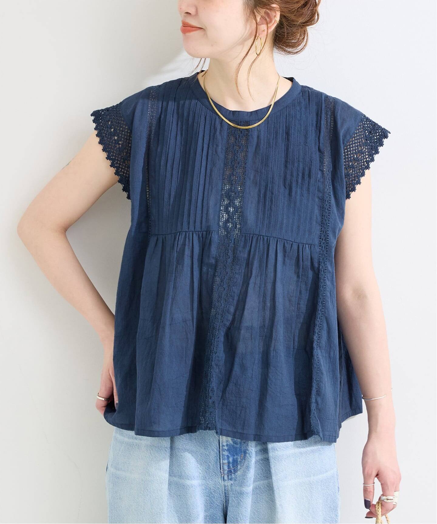 手洗い可 / ピンタックレースノースリブラウス（シャツ／ブラウス 