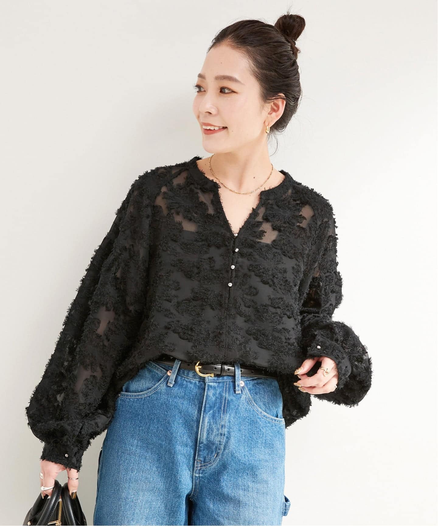 bluelea パフスリーブ ジャガードブラウス 追加9予約》手洗い可 / パフスリーブジャガードブラウス（シャツ