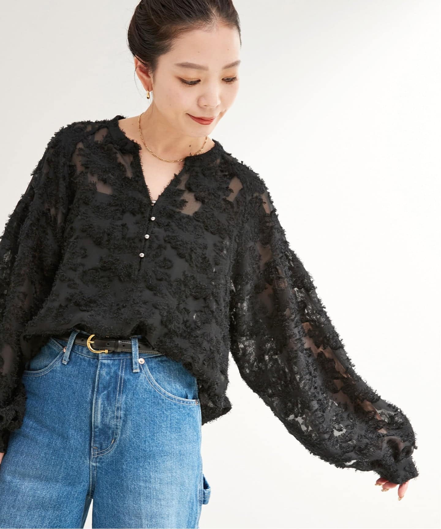 追加9予約》手洗い可 / パフスリーブジャガードブラウス（シャツ