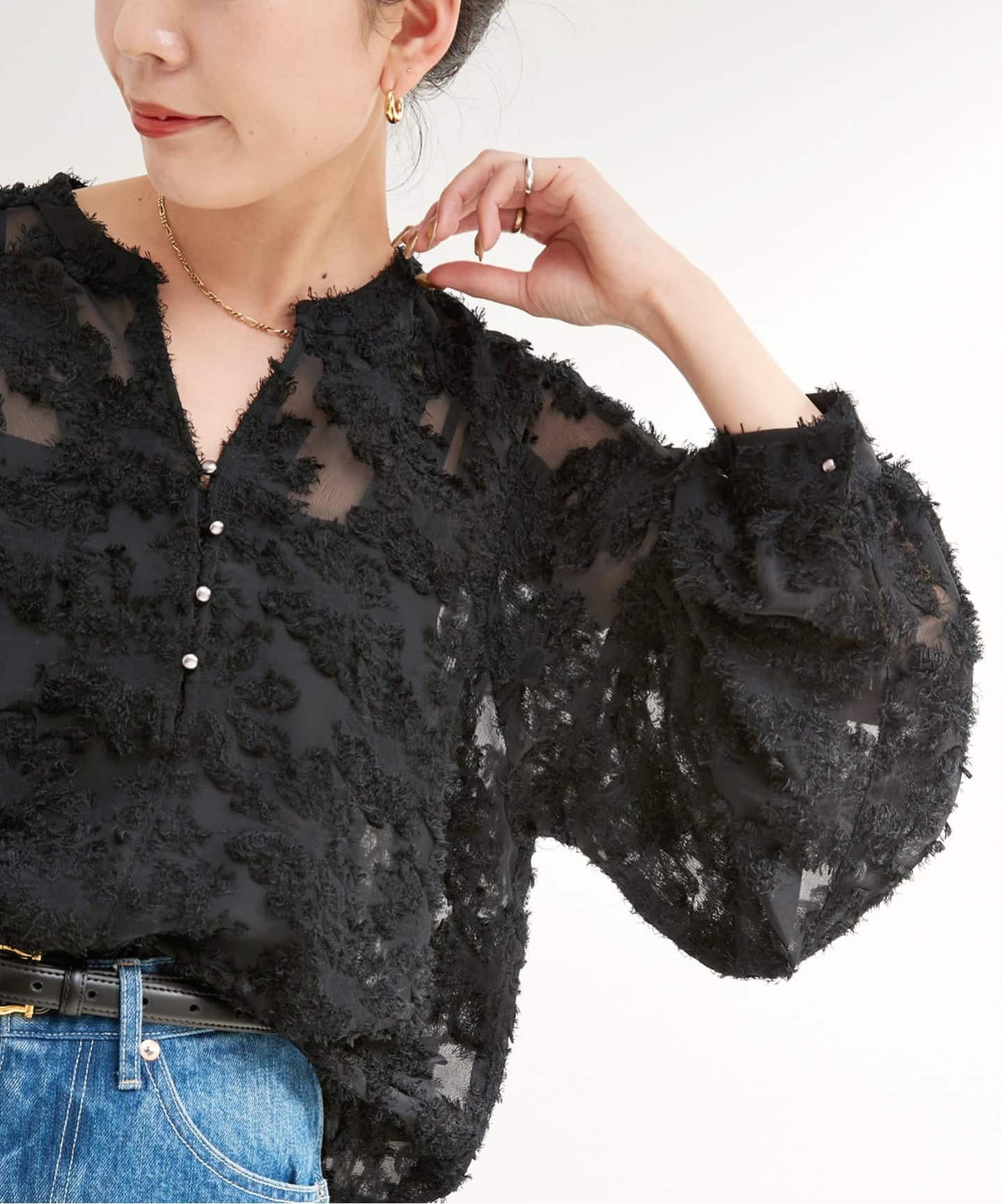 追加9予約》手洗い可 / パフスリーブジャガードブラウス（シャツ