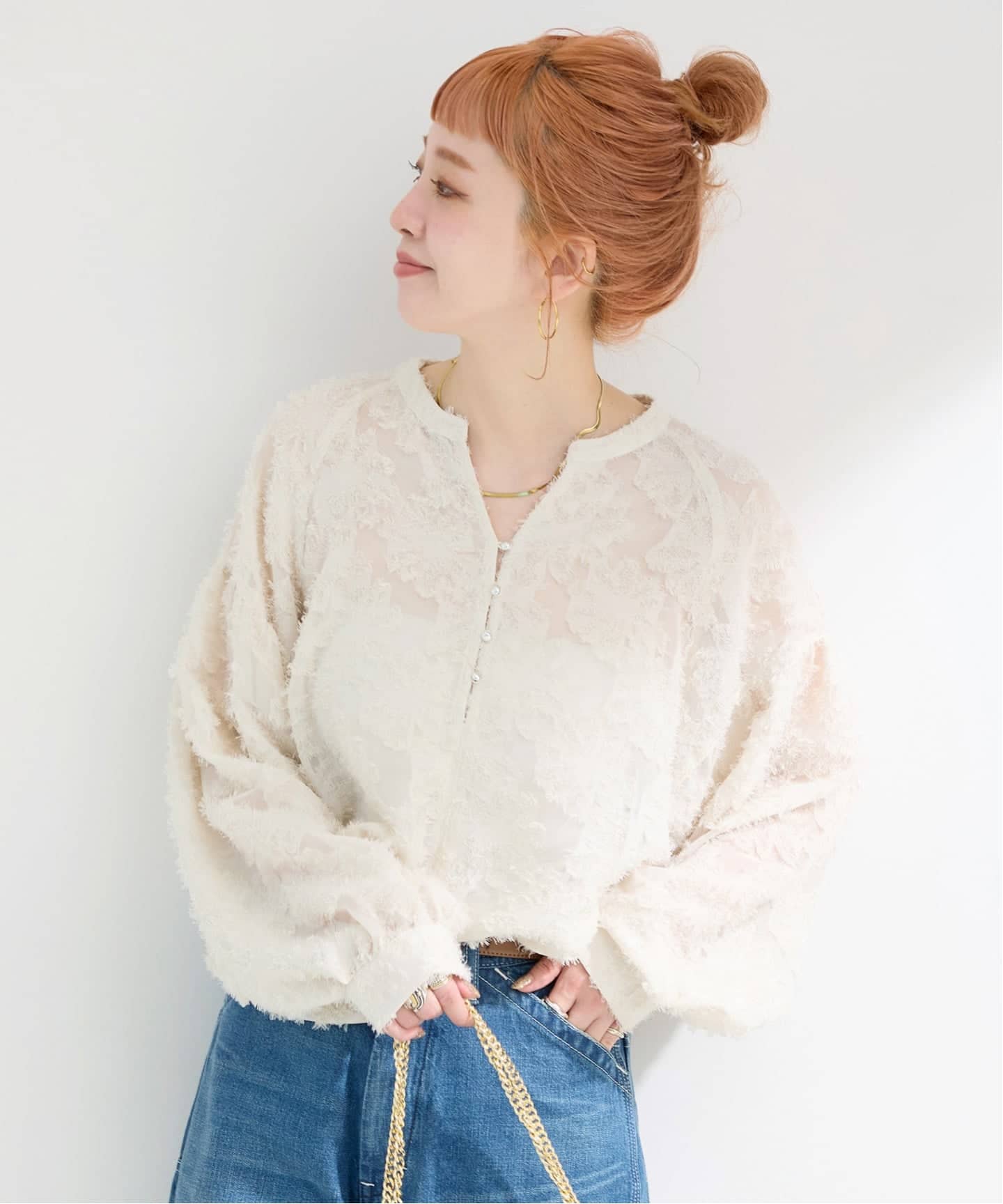 追加9予約》手洗い可 / パフスリーブジャガードブラウス（シャツ