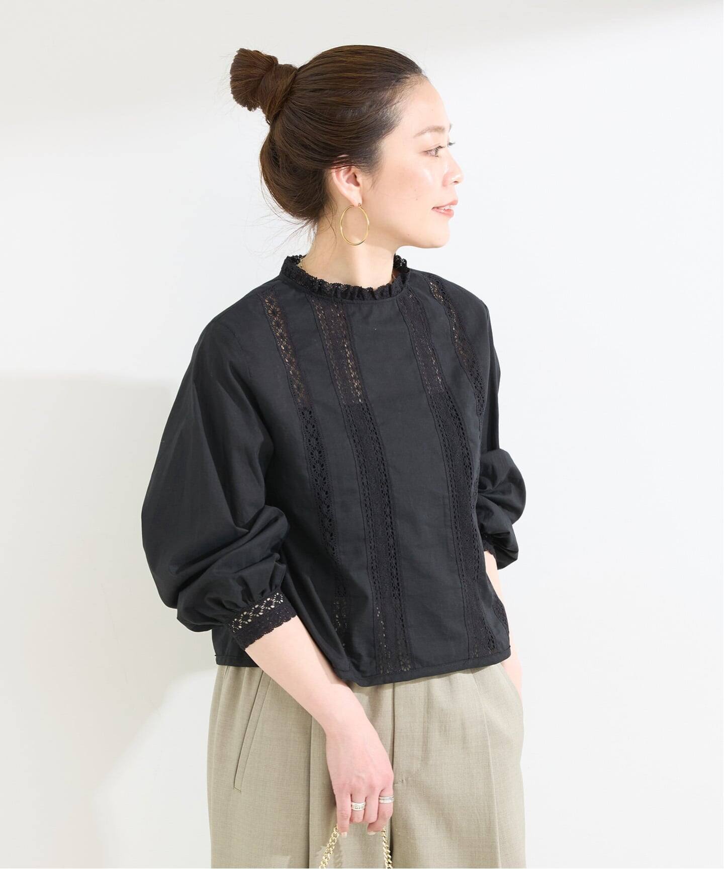 新品タグ付き　ella_selectshop ブラウス　ブラック フロントタックブラウス(五分袖・黒)ss-24b