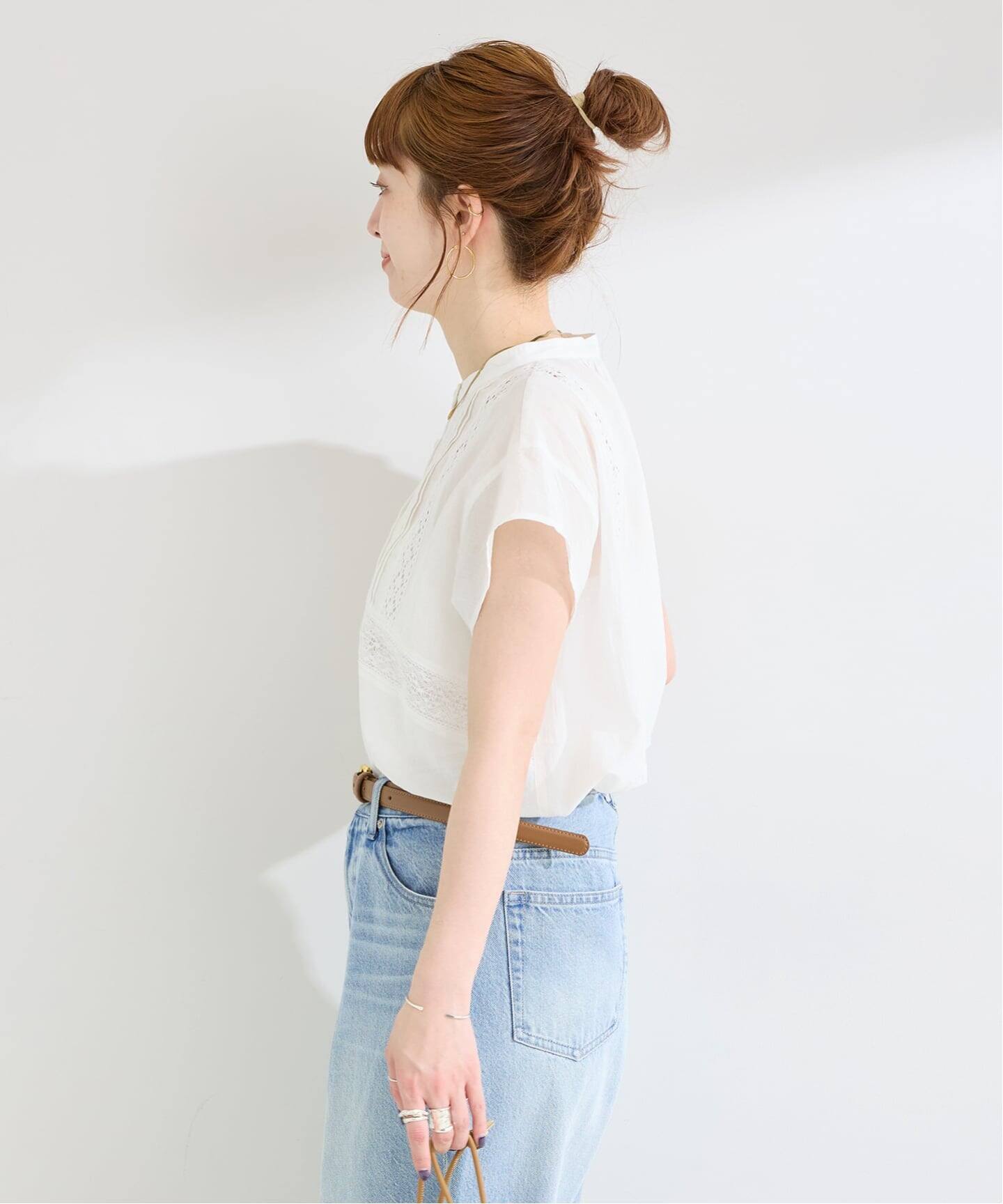 【新品タグ付き】　B.C STOCK ピンタックレースブラウス　ホワイト 手洗い可 / ピンタックレースブラウス（シャツ／ブラウス）｜B.C STOCK