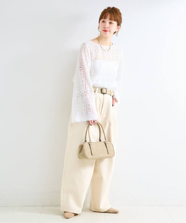 美品 BEIGE ベイジ 配色 総レース ノースリーブ シャツ ブラウス ひざ 