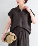 手洗い可 / リネンレーヨン前開きシャツカラーブラウス