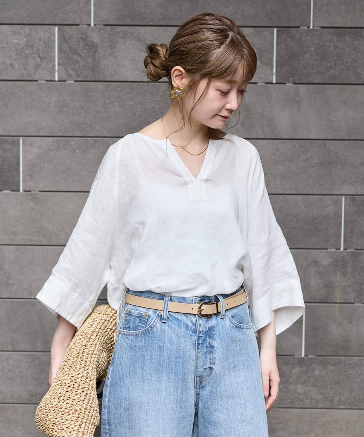 B.C STOCK - 夏色クリアホワイトおしゃれベーセーストックの上質スキッパーVネックリネンブラウス 追加2》手洗い可 / フレンチリネンワイドスキッパーブラウス（シャツ
