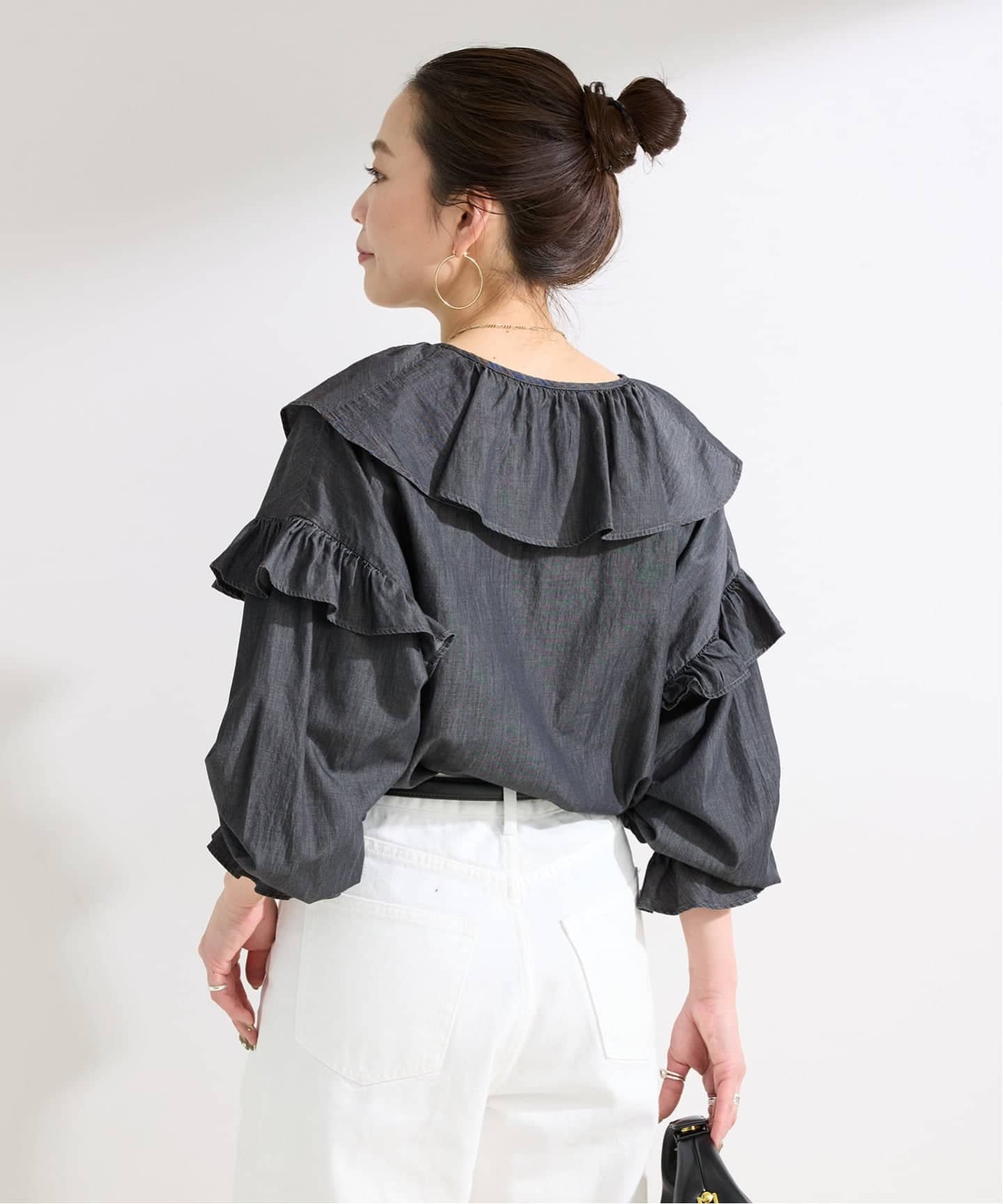 ウォッシャブル / 3.8OZデニムフリルブラウス（シャツ／ブラウス