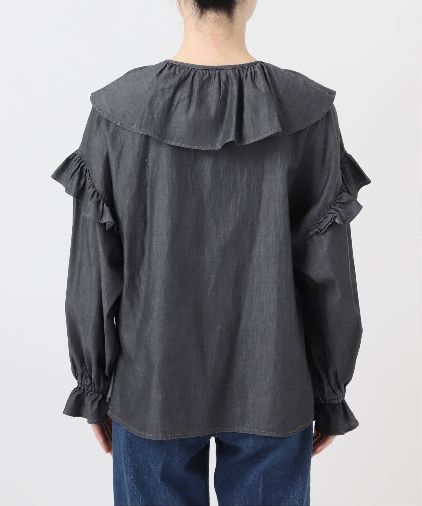 ウォッシャブル / 3.8OZデニムフリルブラウス（シャツ／ブラウス
