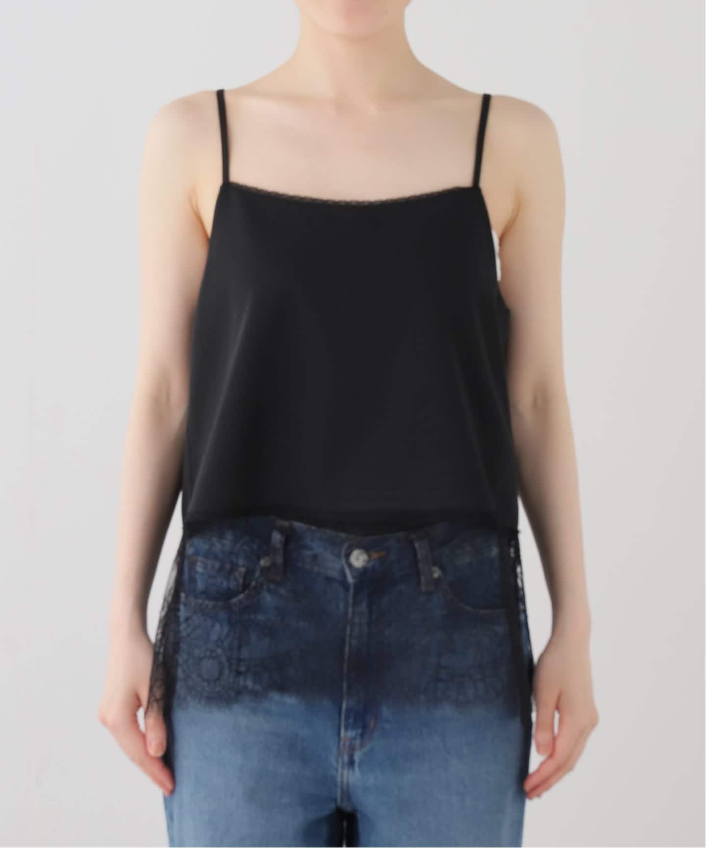 レーストリム付きキャミソール ブラック オーガニックコットンレーストリムキャミソール(S/M ブラック): PEACH