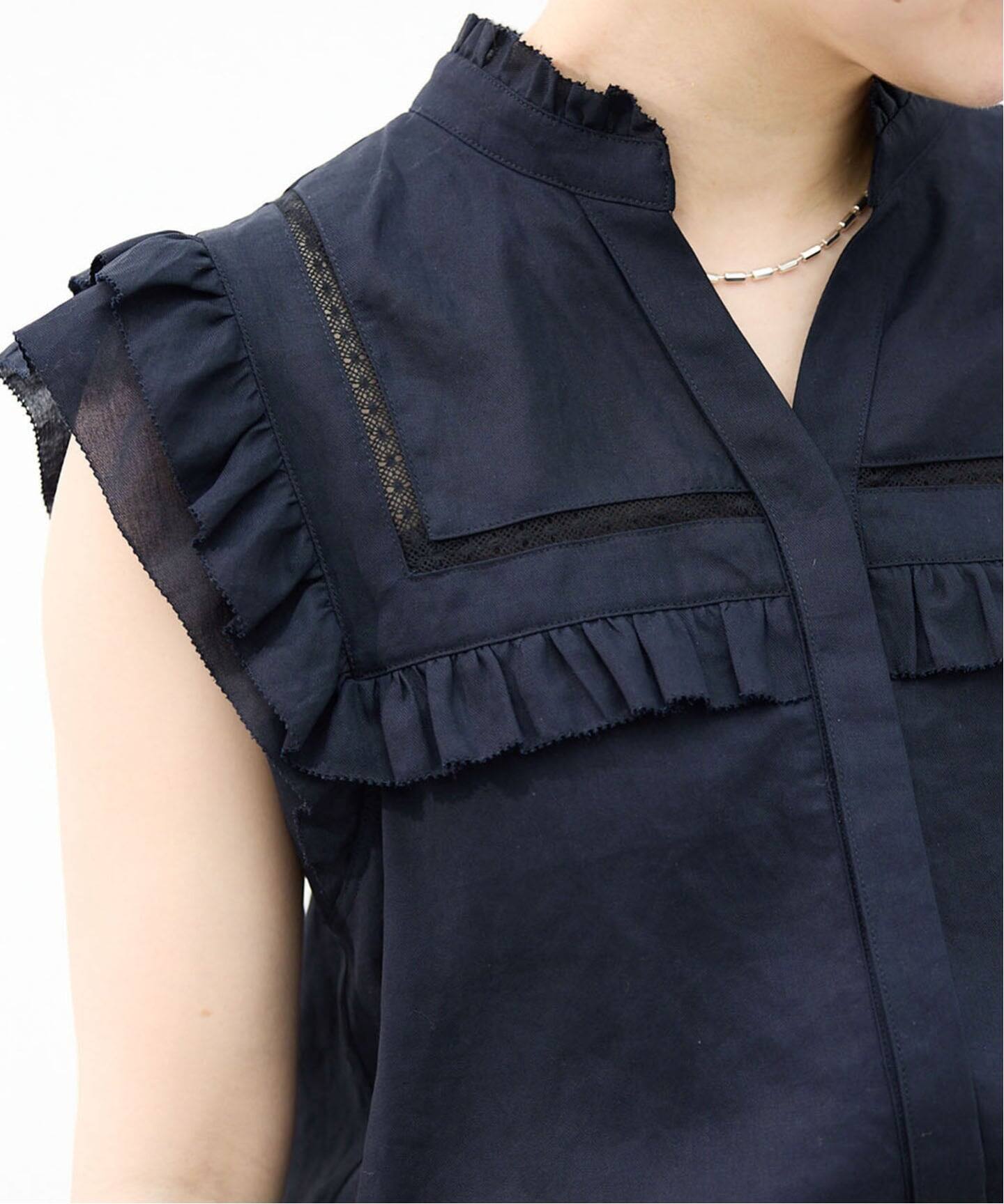 【新品】  IENA / イエナ | 2022SS | コットンポリエステルフリルブラウス | F | ネイビー | レディース IENA（イエナ） | 2022SS | コットンポリエステルフリルブラウス