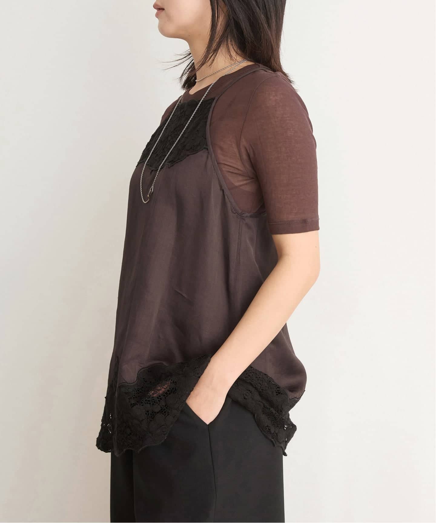 IENA LA BOUCLE R/Lサテンレースコンビキャミソール（キャミソール
