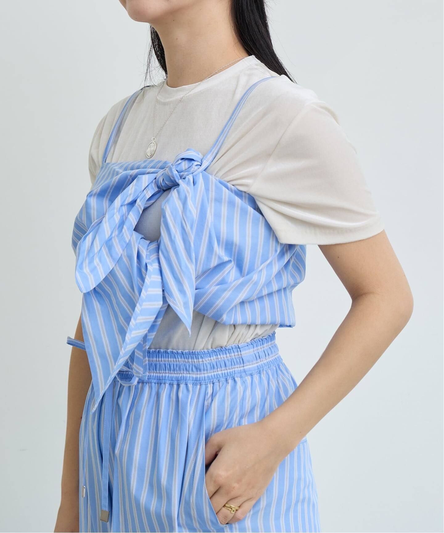 IENA LA BOUCLE コットンストライプリボンキャミソール（キャミソール 