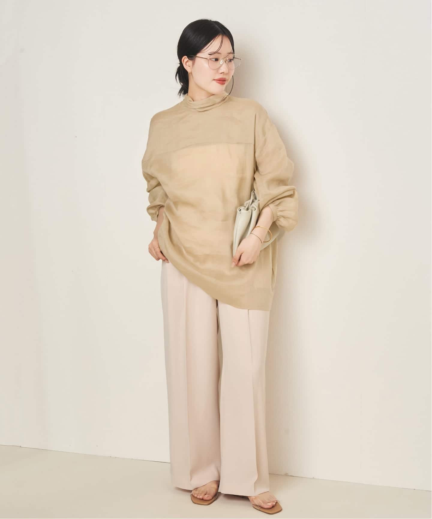 大吉様リブシャツベージュ ボクシー ベージュ チェック シャツ Ami de Coeur キャンバス トープ