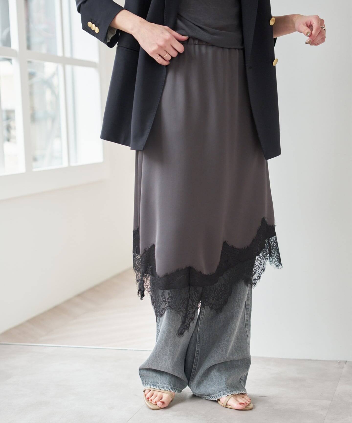 新品プラージュ　レースサテンラップスカート サテンレースアシンメトリーラップスカート - スカート通販 | 人気