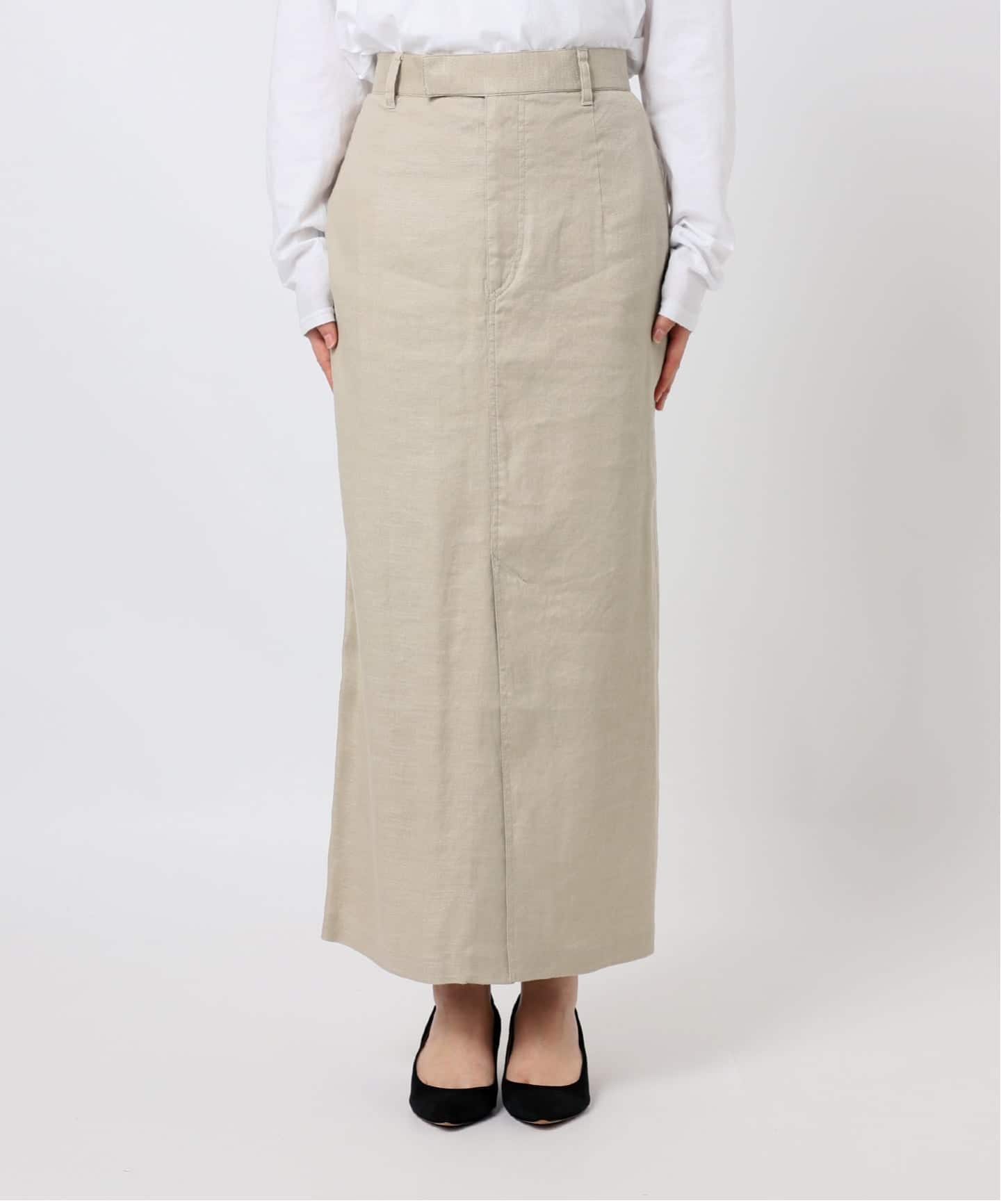 予約》リネンストレッチIラインスカート（ロング・マキシ丈スカート