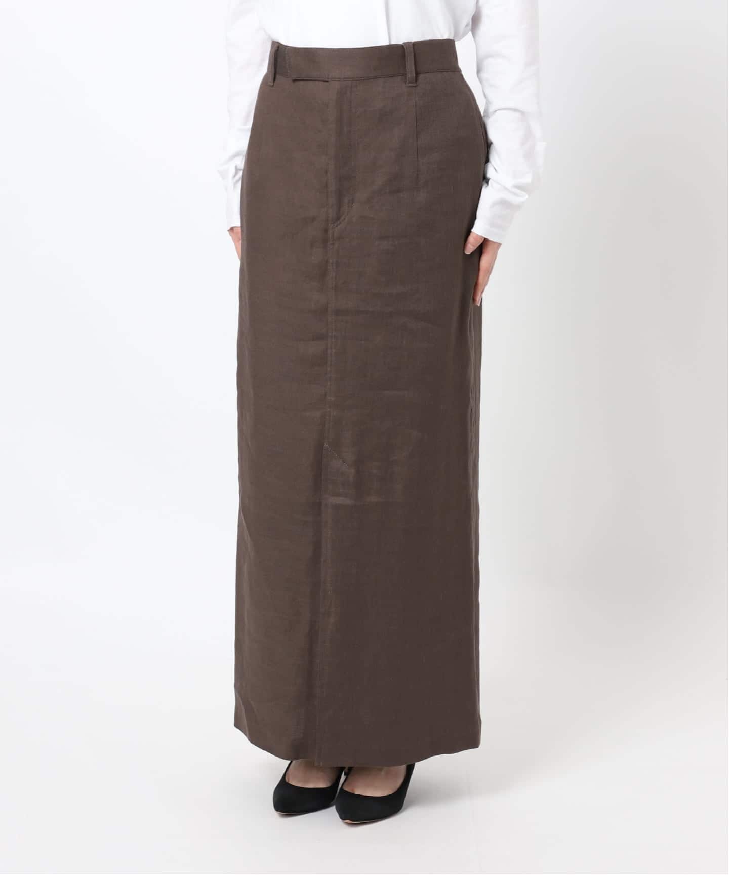 予約》リネンストレッチIラインスカート（ロング・マキシ丈スカート